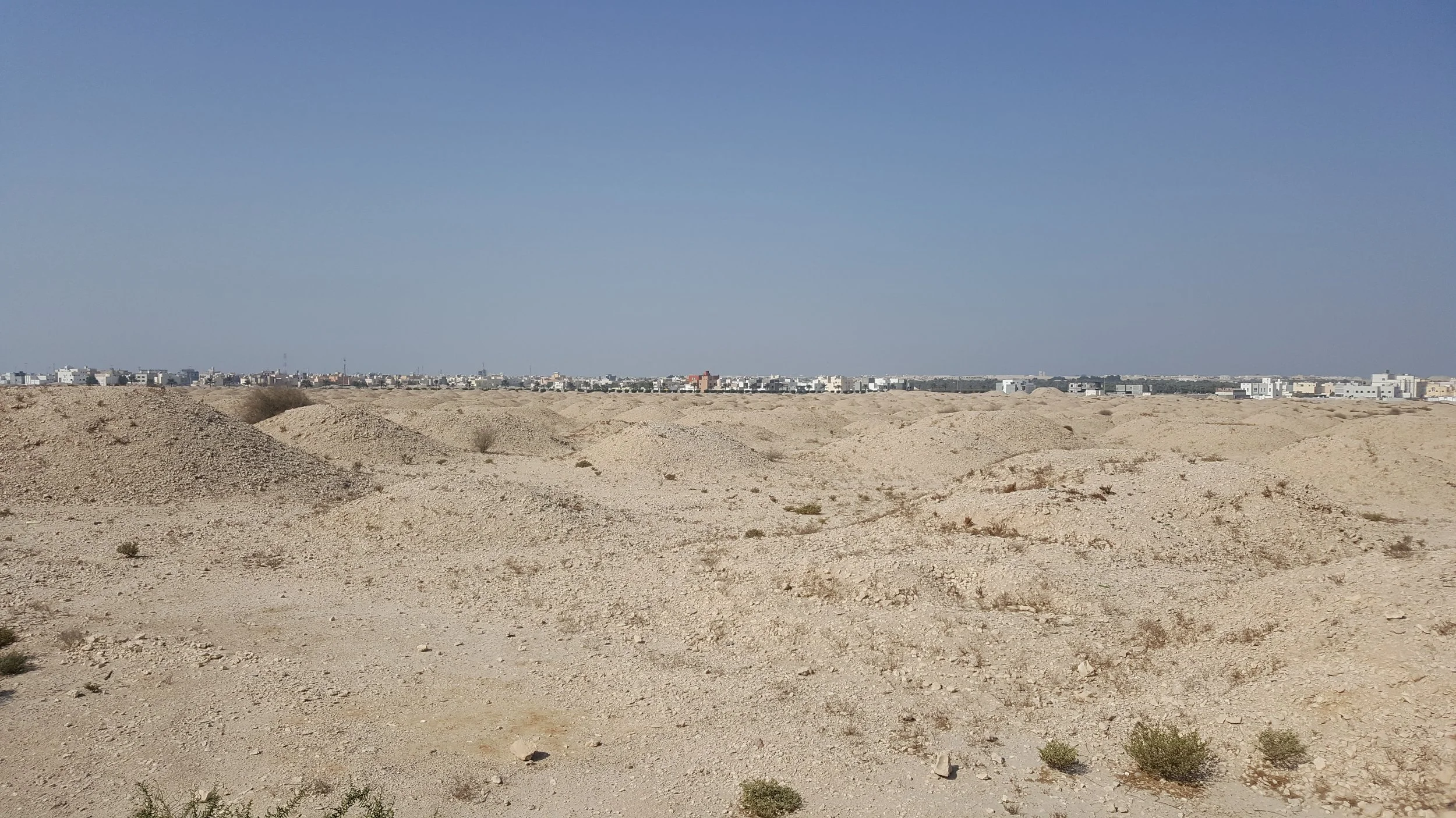 Pale burial mounds and scattered shrubs stretch towards modern houses under a clear sky.