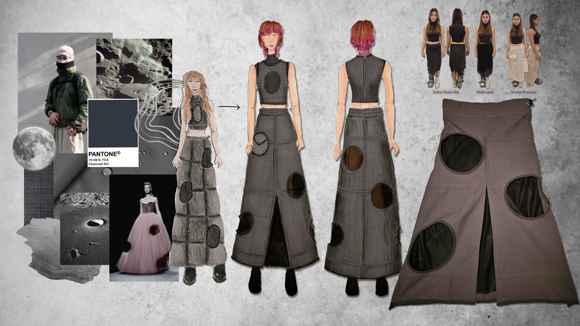 lunar craters | fashion design, 2023 | Created as the final project for my intensive at the Parsons School of Design. Taking inspiration from the materials of military pilot and astronaut uniforms, Lunar Craters is an exploration of shape and a subve