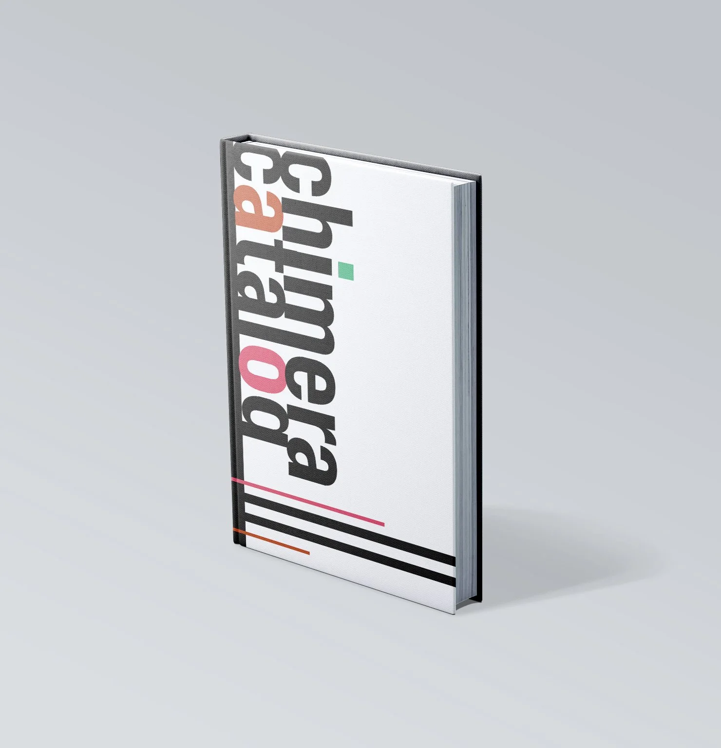A book standing upright with a white cover that has bold, black and pastel-colored text and lines on it.
