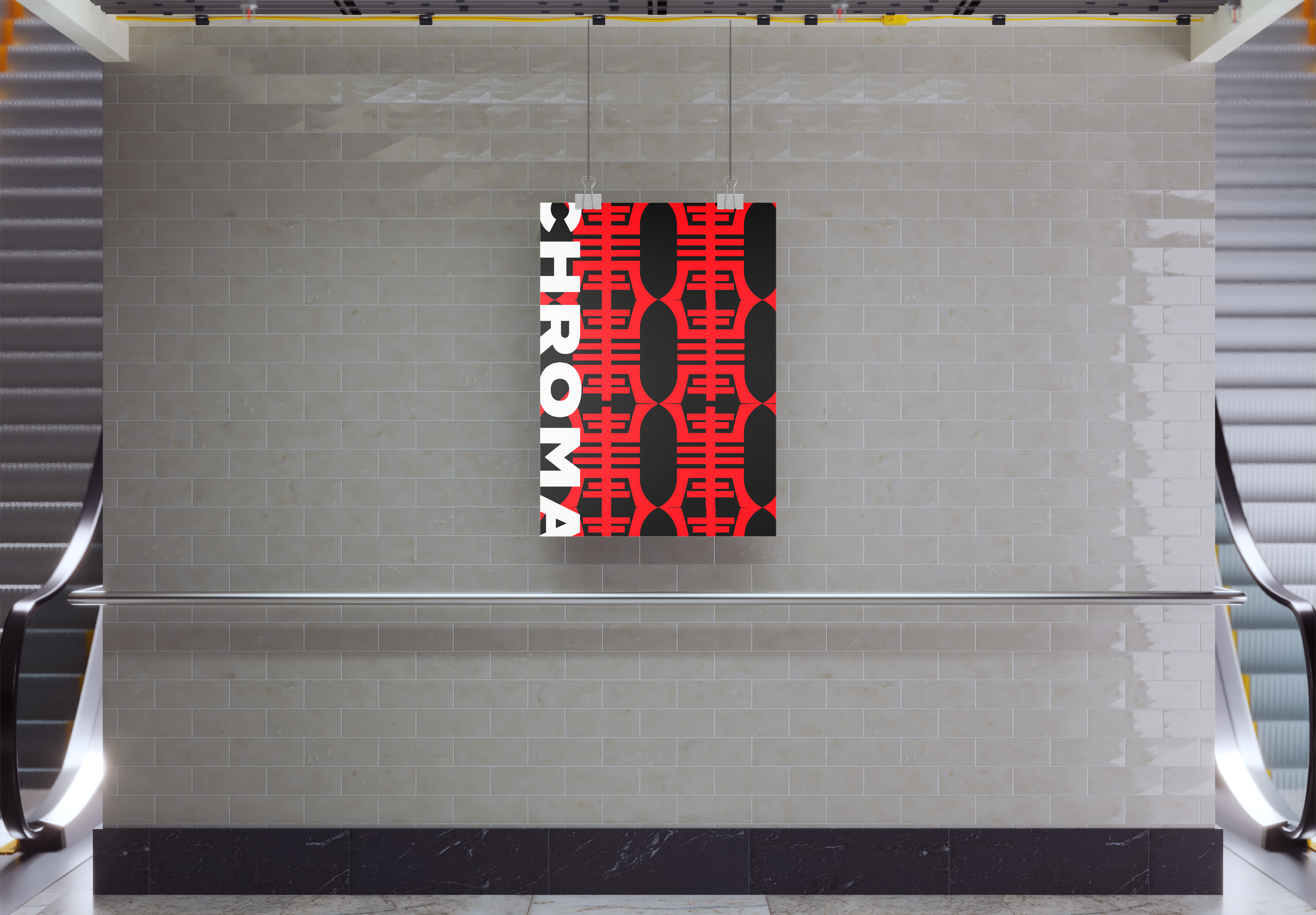 A modern indoor scene with an escalator on each side, a light-colored brick wall in the center, and a hanging decorative panel with red and black patterns and the word 'CHROMA' vertically on the left side.