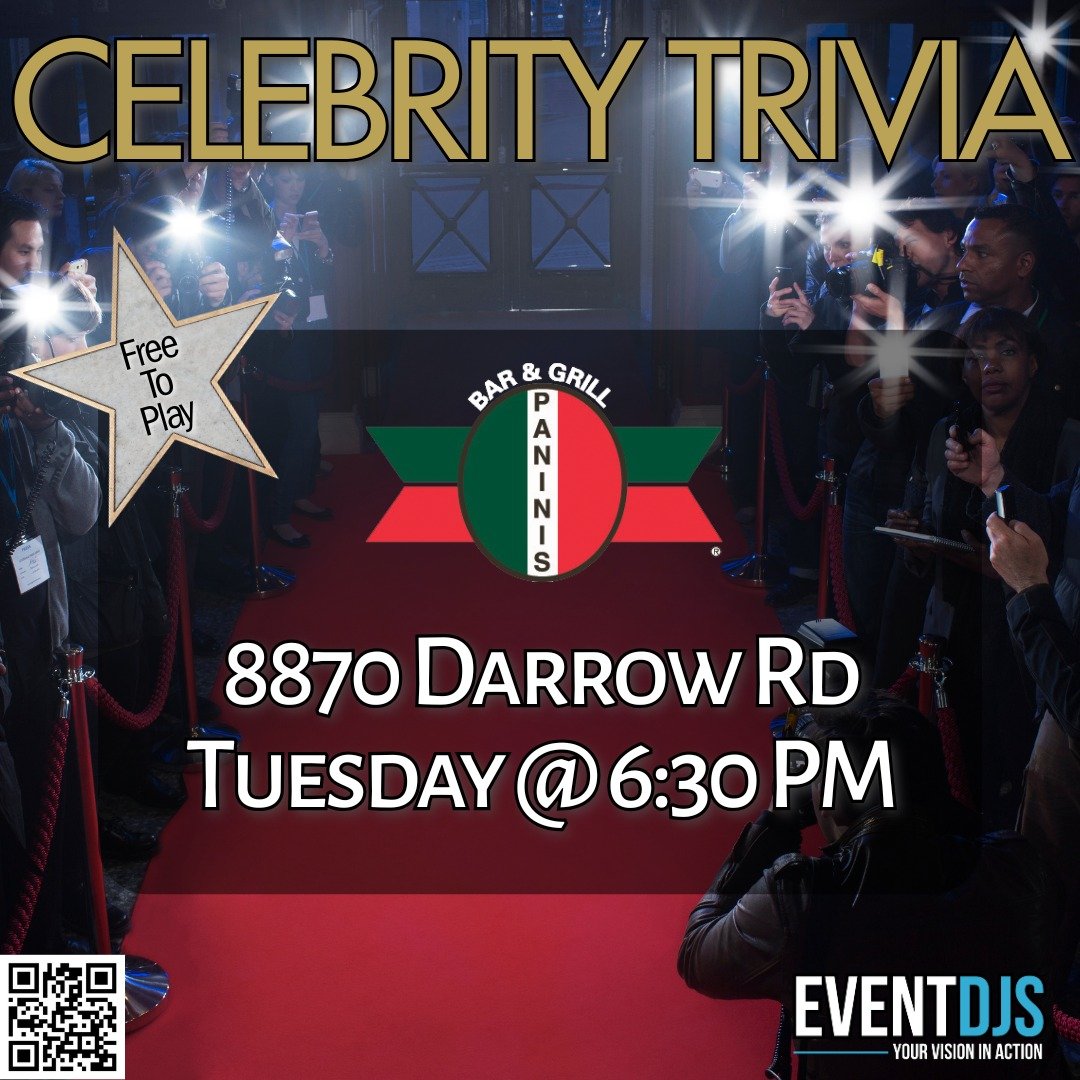 Lights, camera, trivia! Test your celeb knowledge and bring your A-list game to Celebrity Trivia!

📍 @paninis.twinsburg 
🗓Tuesday @ 6:30 PM

#eventdjsservice #eventdjs #ohiodjs #Trivia #TriviaNight