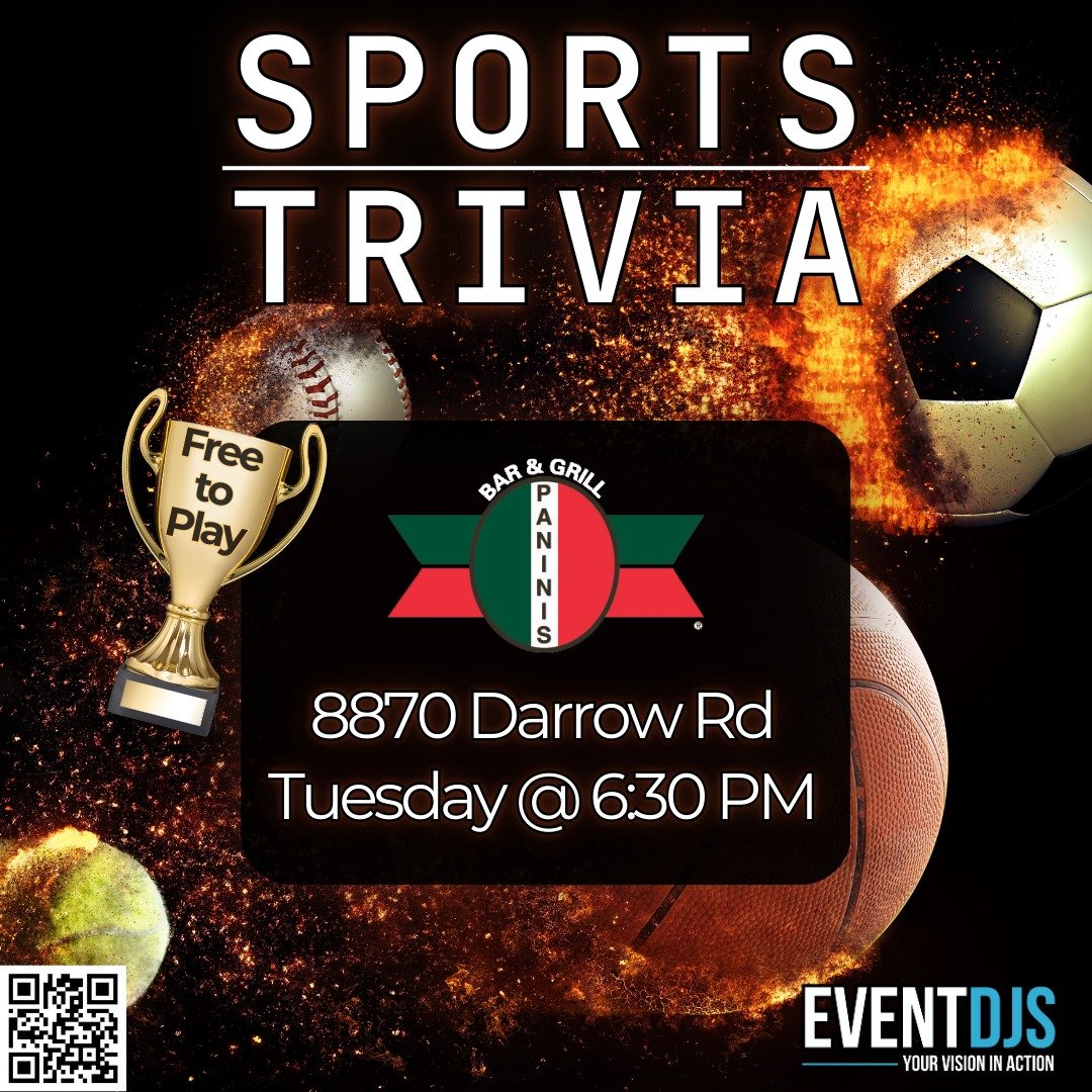 Think you know your sports facts? Let&rsquo;s see if your team can score the win!

📍 @paninis.twinsburg 
🗓 Tuesday @6:30 PM

#eventdjsservice #eventdjs #ohiodjs #trivianight #sportstrivia