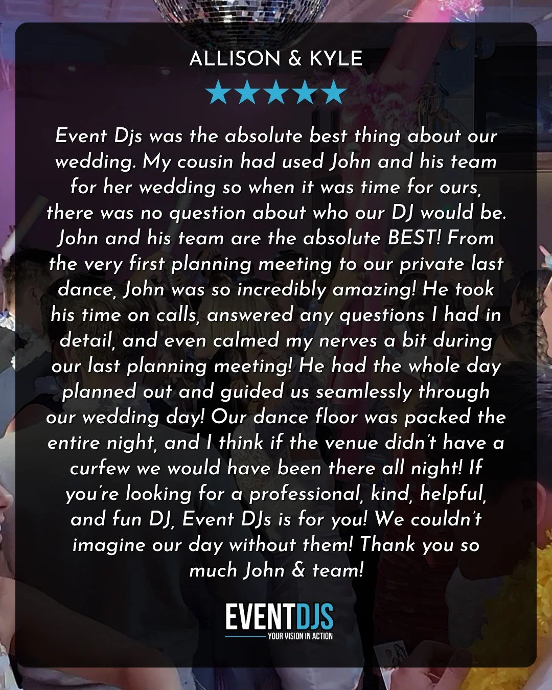 ⭐⭐⭐⭐⭐

Thank @aciancibello and @kyle10hope you for the fantastic review and for including us in such an unforgettable night!

#eventdjsservice #eventdjs #ohiodjs #weddingdj #5stars #5starreview