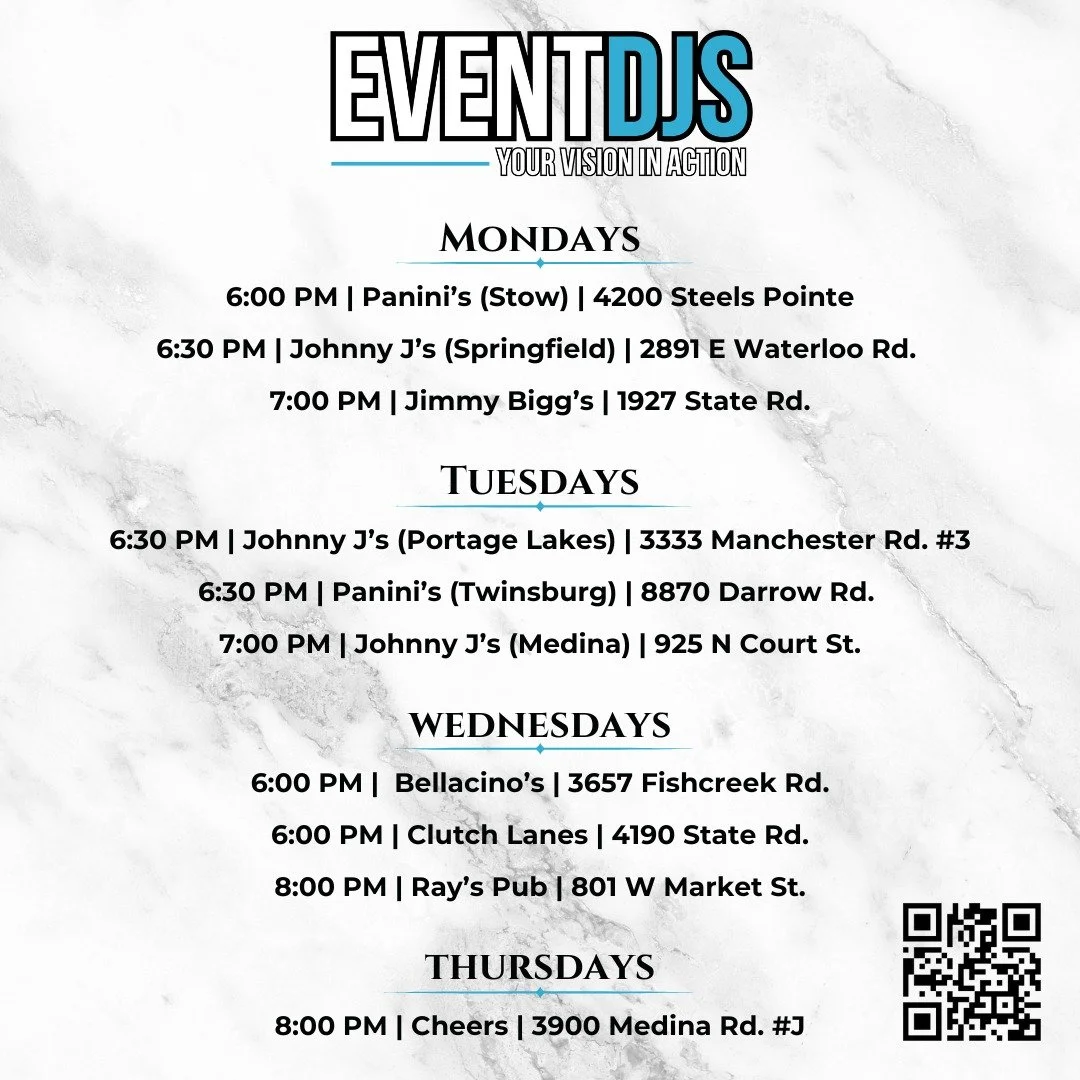 🗓 November Trivia Schedule 🗓

Looking forward to seeing you all there!

#eventdjsservice #eventdjs #ohiodjs #Trivia #TriviaNight