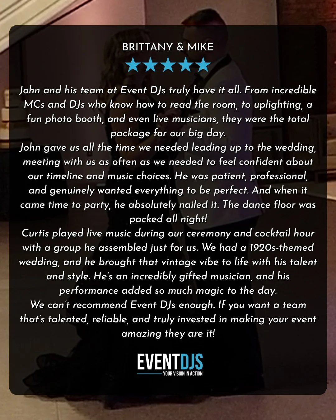 ⭐⭐⭐⭐⭐

What a privilege it was to celebrate with Brittany and Mike! Their unique 1920s vision transformed 159 Events on Main, and seeing the guests embrace the theme made it even more special. Every detail from Brittany&rsquo;s stunning black dress t