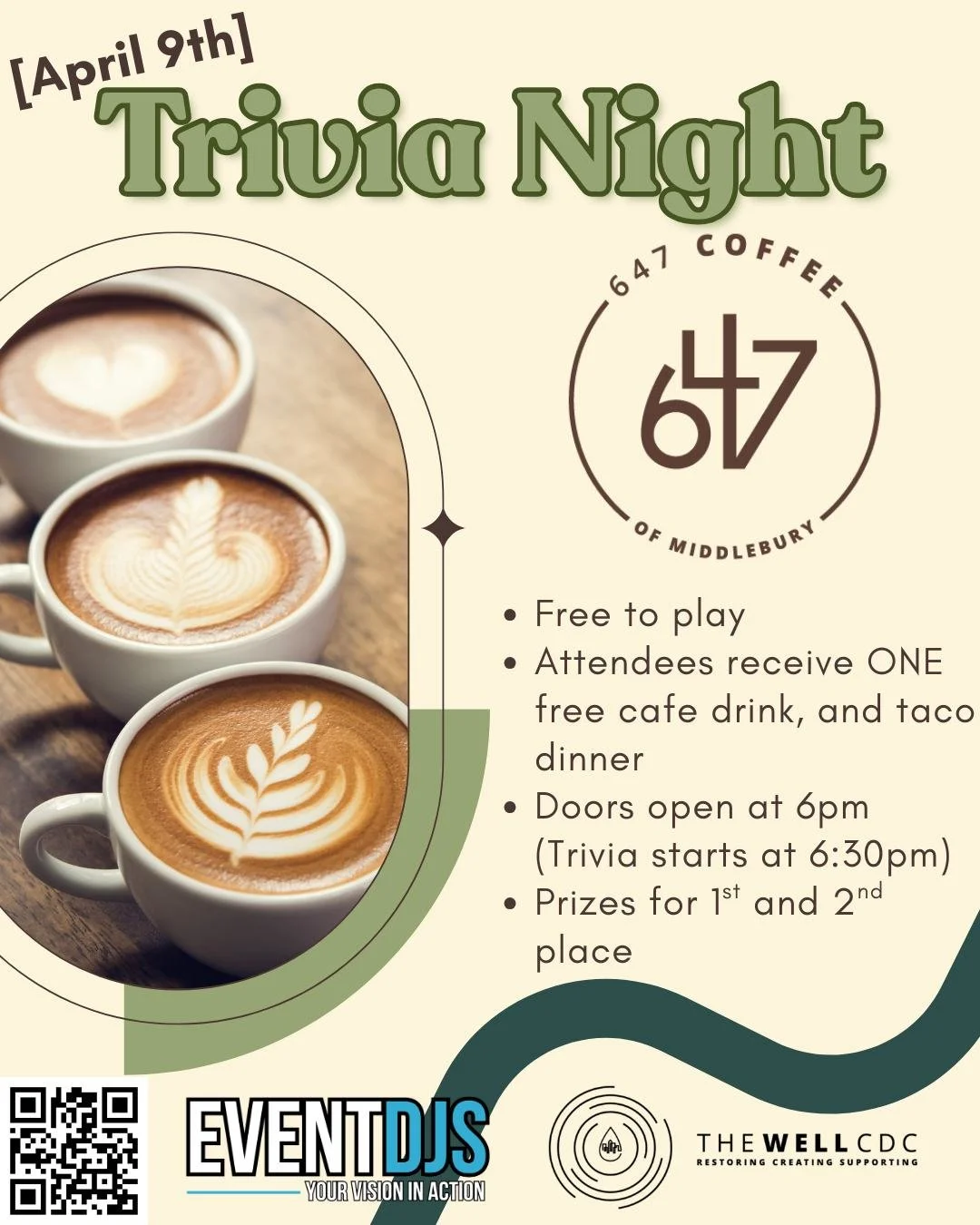 TOMORROW! Come by @647coffee  for some food, fun, drinks and TRIVIA! Brought to you by @@thewellakron. See you there!

#EventDJs #647Coffee #TheWellCDC #ohiodjs #trivianight