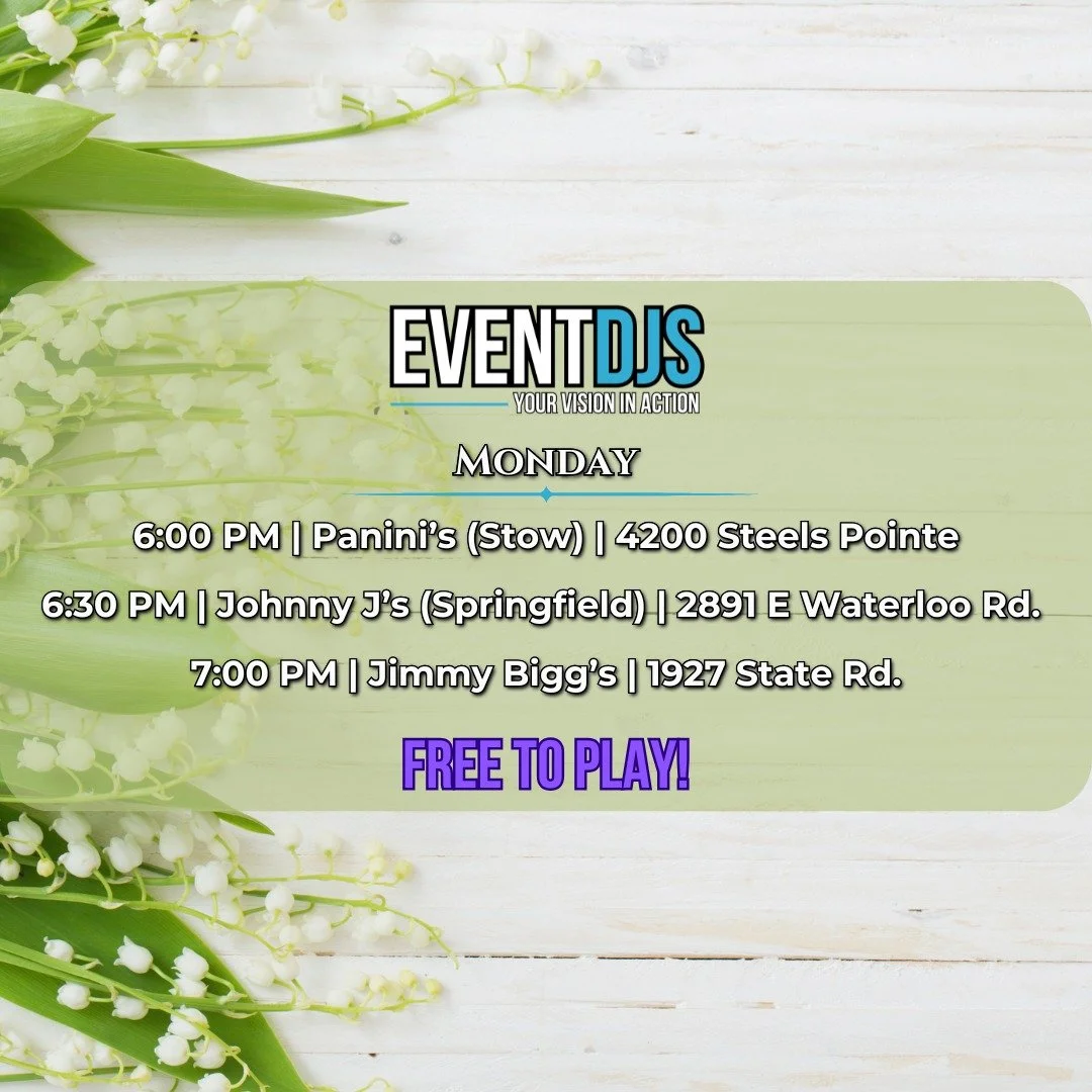 General Trivia all week!

*Schedules subject to change*

#EventDJs #OhioDJ #TriviaNight #GeneralTrivia #trivia
