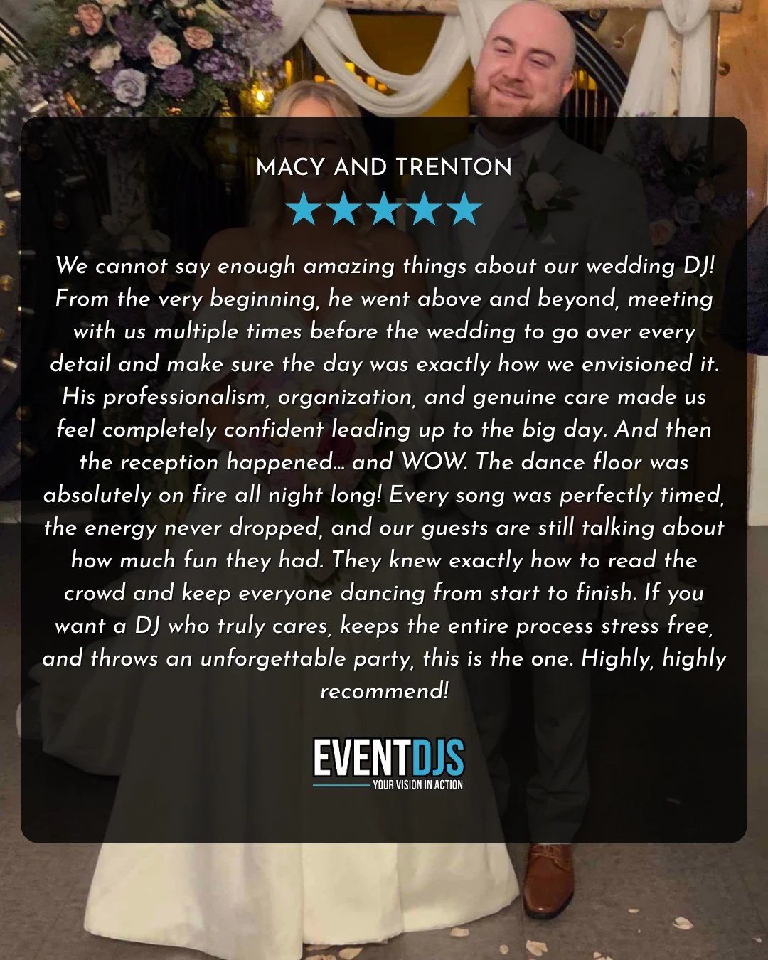 ⭐⭐⭐⭐⭐

Wow, reading this has our whole team smiling from ear to ear! Thank you so much for the incredible review and for letting Event DJs be the soundtrack to your perfect day.

For us, the magic starts long before the first song plays. We love sitt
