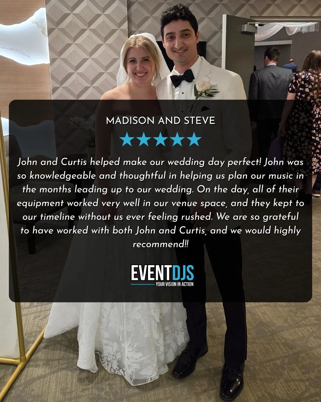 We are absolutely thrilled to read this! Thank you so much for the incredible review and for trusting Event DJs to bring your wedding vision to life.

Planning out the perfect soundtrack is a journey, and we loved collaborating with you in the months