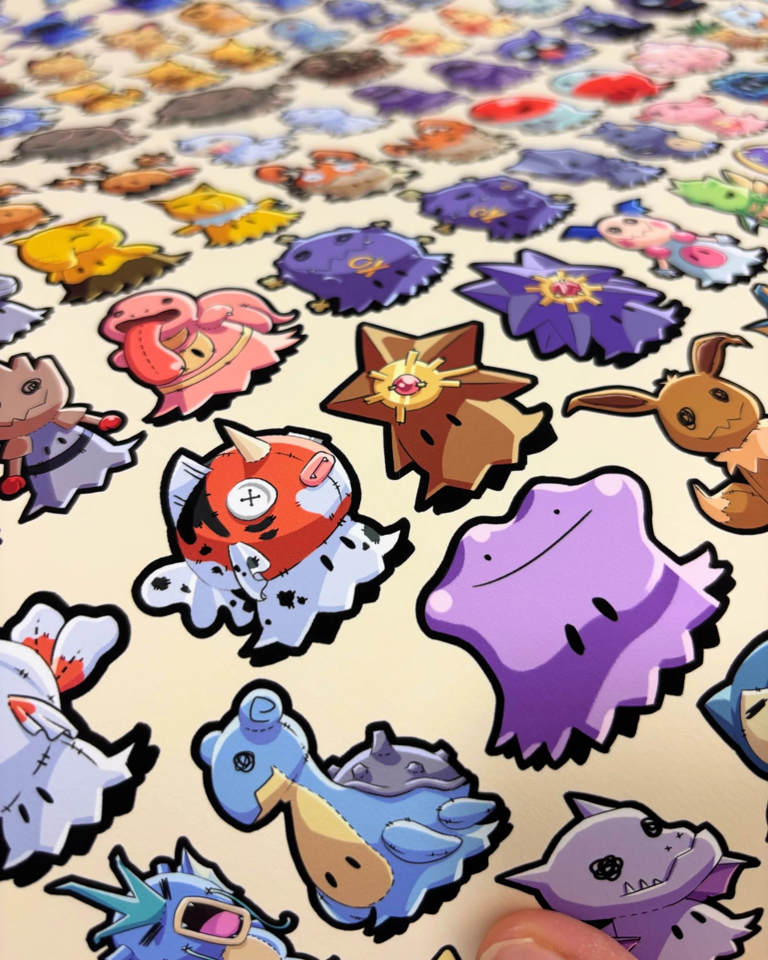 Collection of colorful cartoon Pokémon on a surface. Mimikyu Pokémon Kanto region. mori.ink