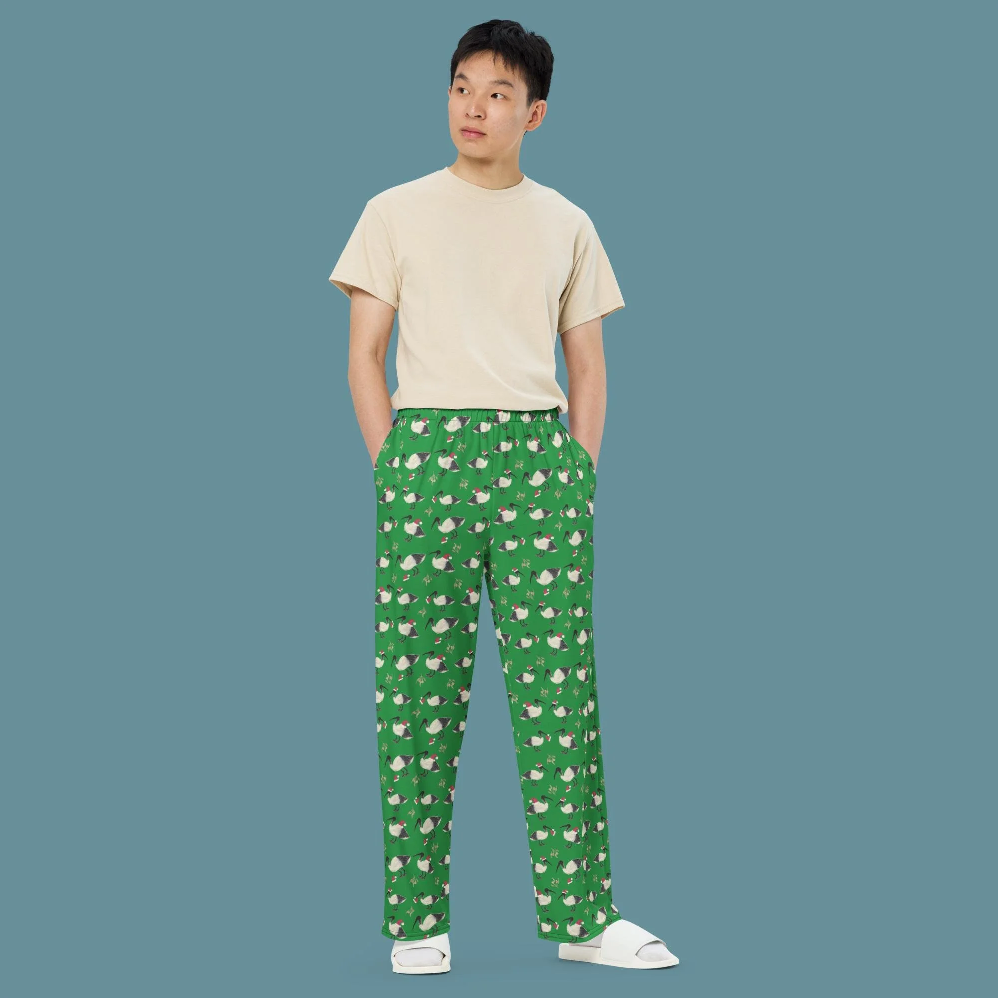 Green Christmas Bin Chicken (Ibis) unisex wide-leg pants