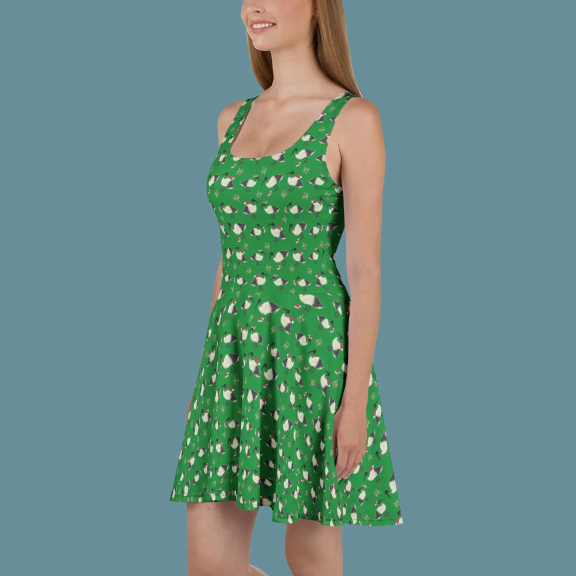 Green Christmas Bin Chicken (Ibis) Skater Dress