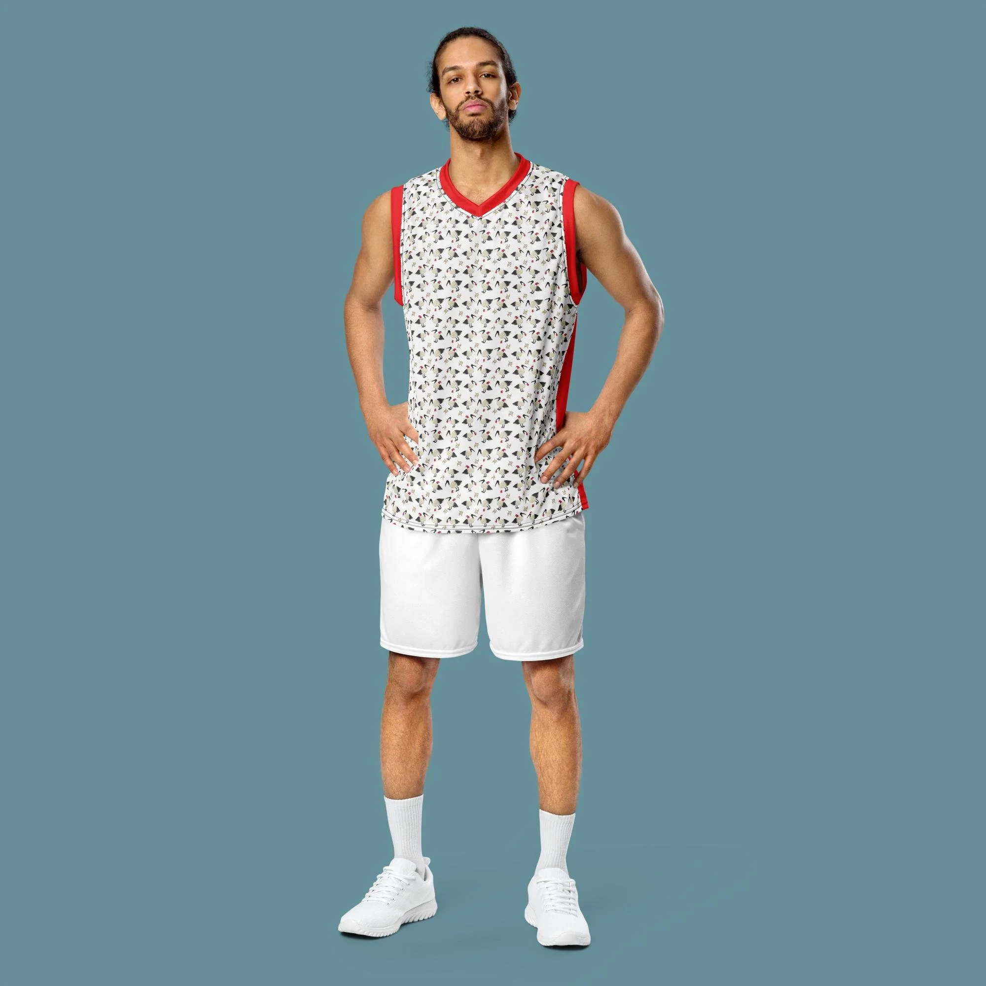 White Christmas Bin Chicken (Ibis) Recycled unisex basketball jersey