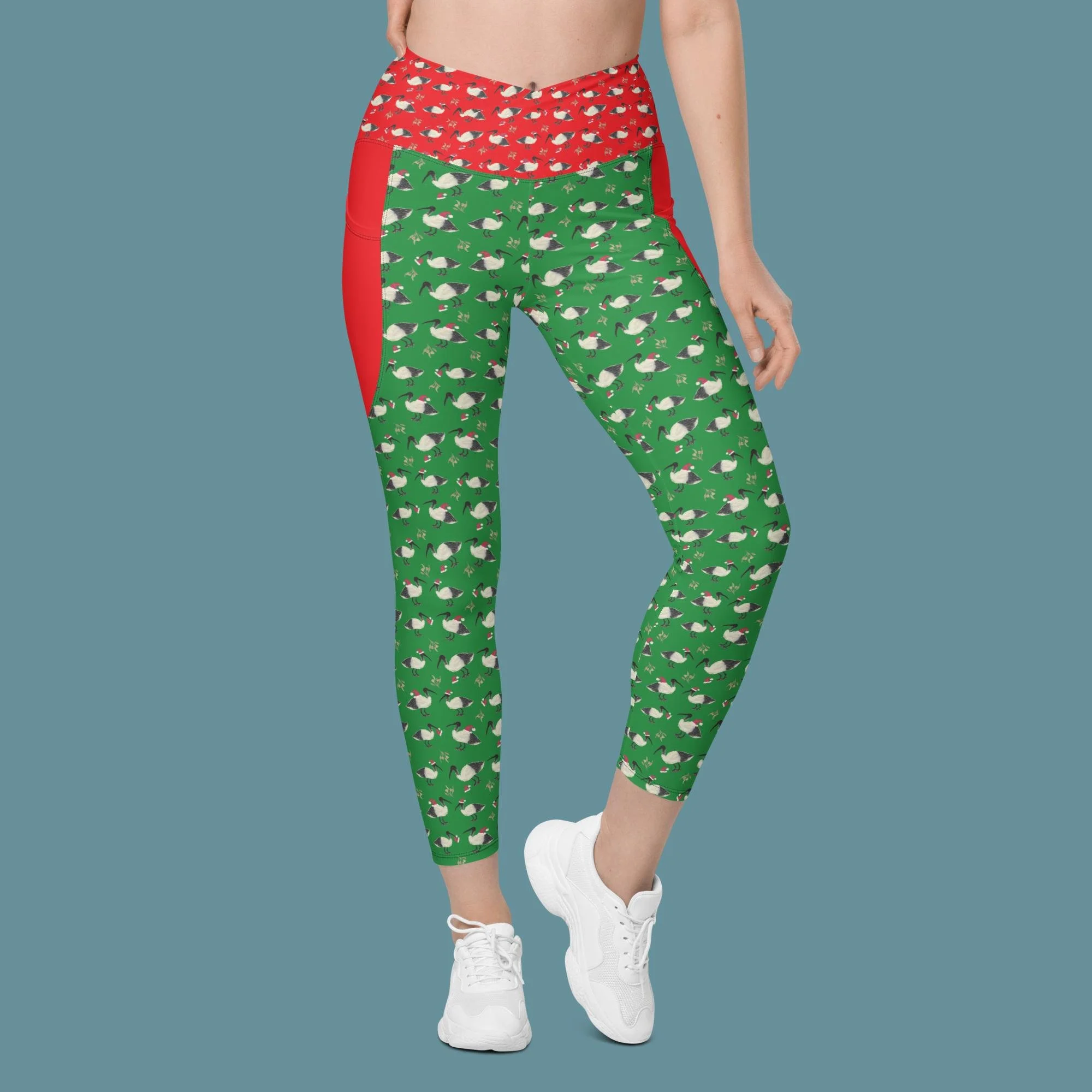Green Christmas Bin Chicken (Ibis) Crossover leggings with pockets