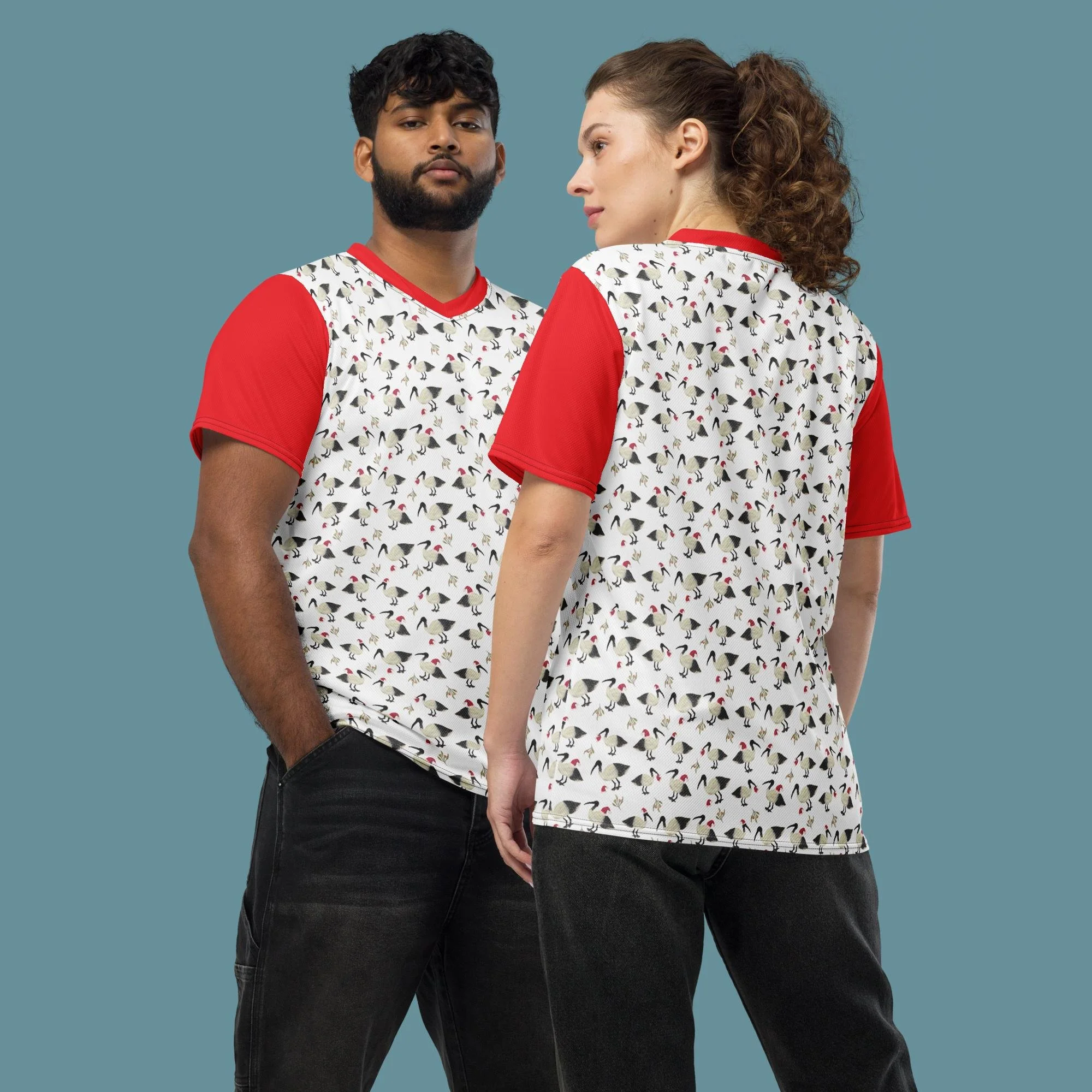 White Christmas Bin Chicken (Ibis) Recycled unisex sports jersey