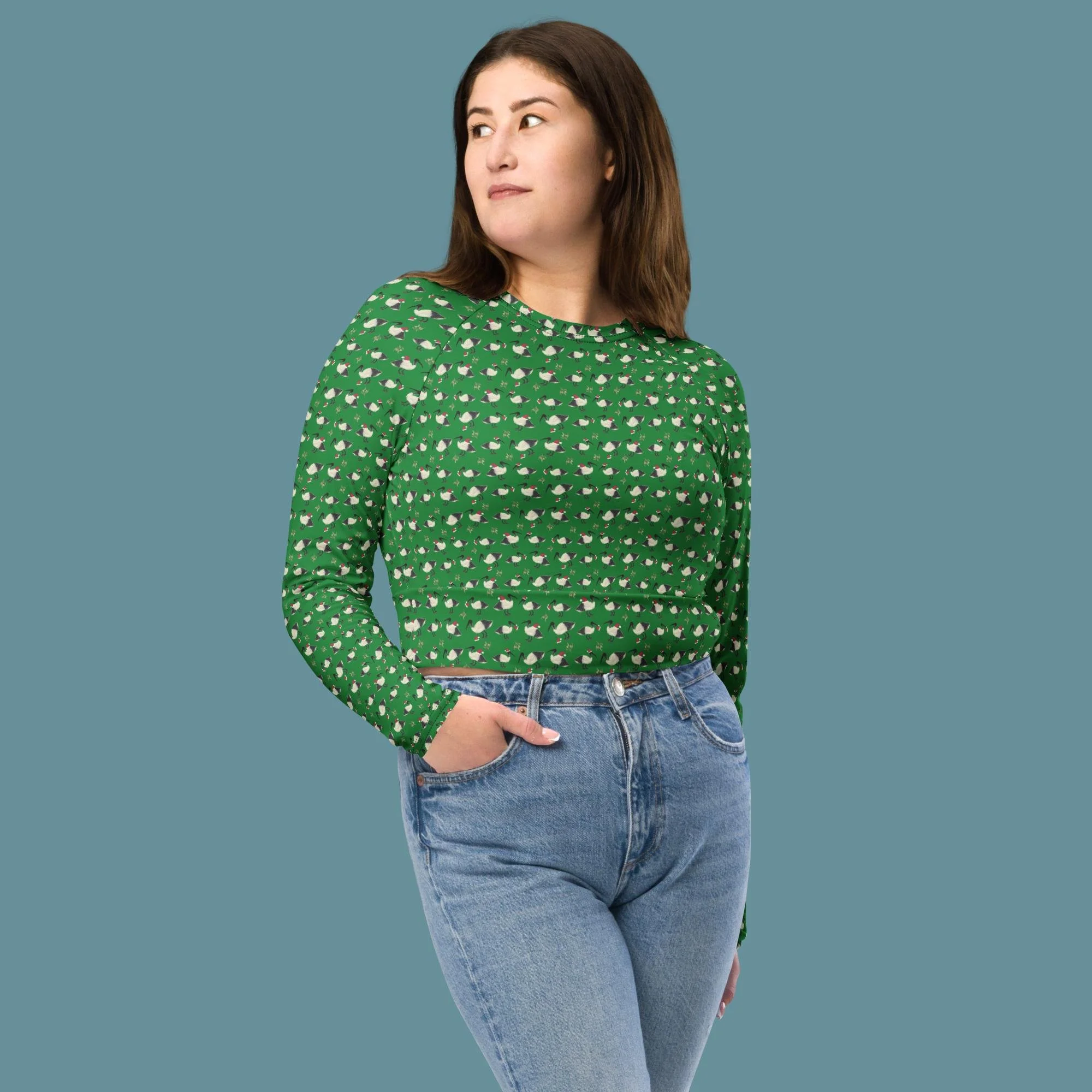 Green Christmas Bin Chicken (Ibis) Recycled long-sleeve crop top