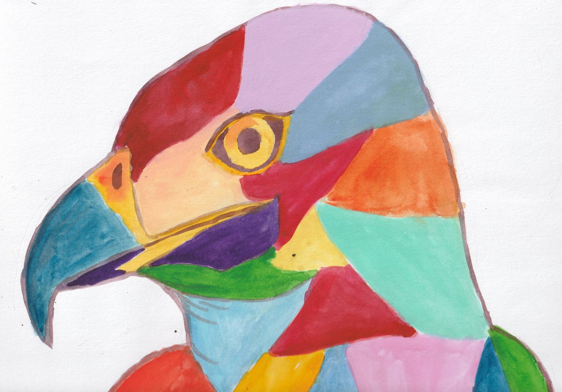 Colorful abstract painting of a bird head with geometric shapes