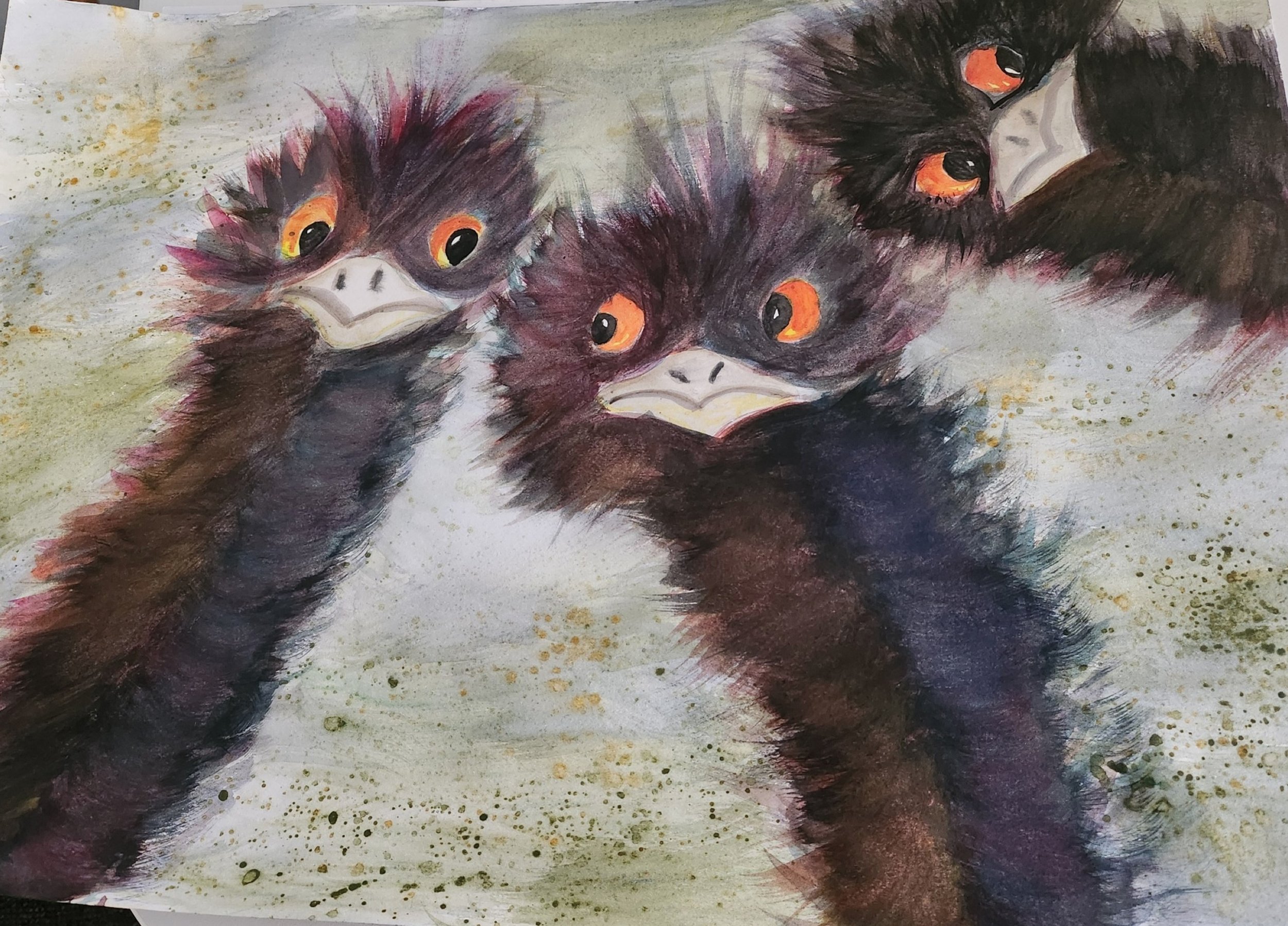 Stylized painting of three emus with expressive orange eyes and fluffy feathers.