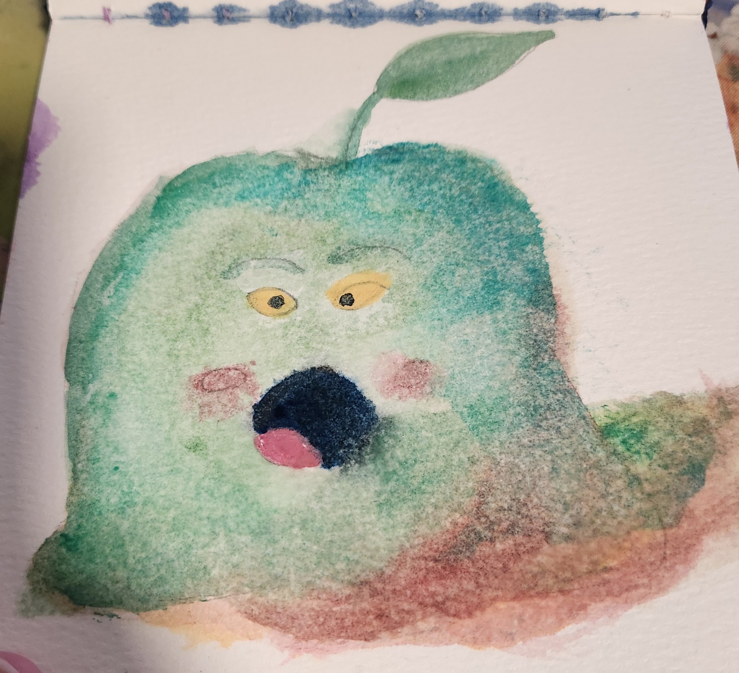Watercolor painting of a surprised green fruit with eyes, mouth, and a leaf on top.