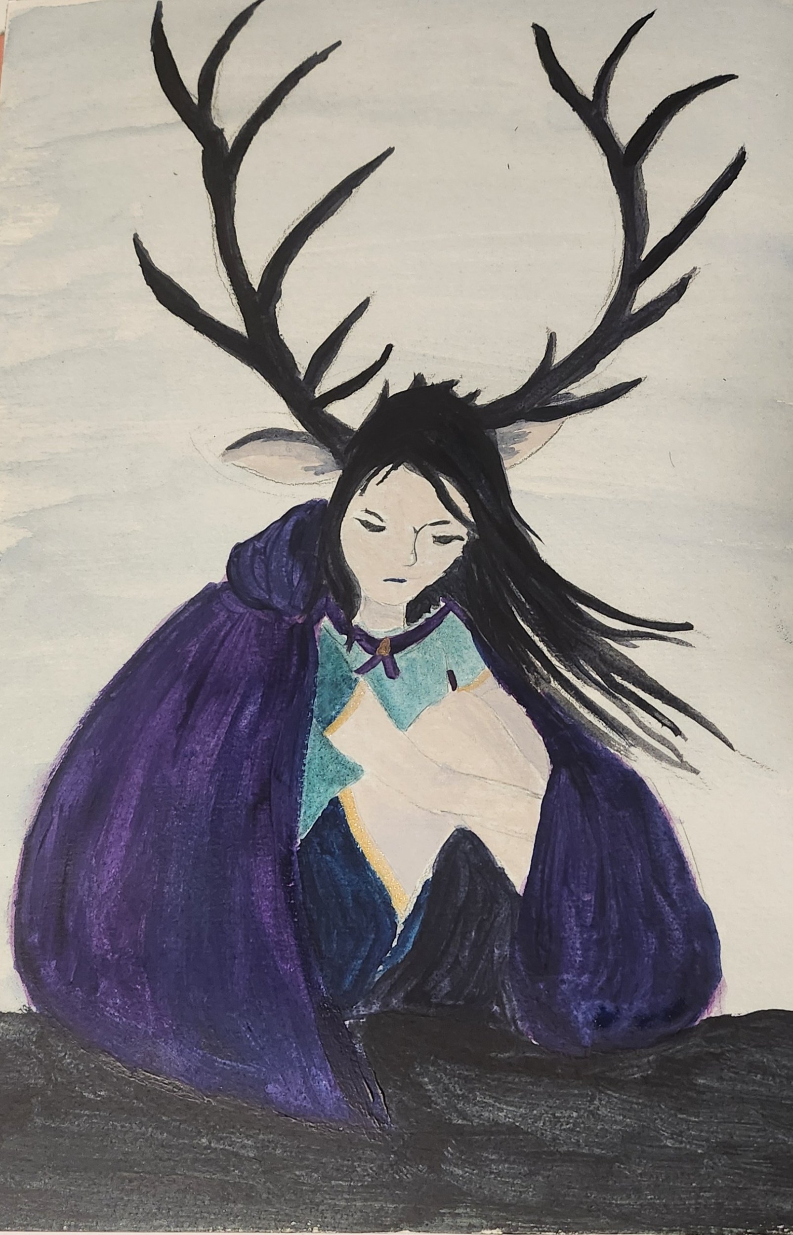 Watercolor painting of a mystical figure with antlers, long black hair, and a purple cloak, set against a muted background.