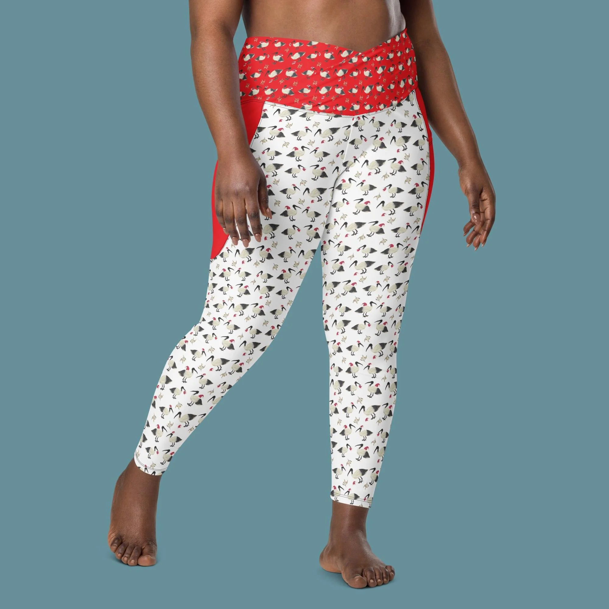 White Christmas Bin Chicken (Ibis) Crossover leggings with pockets