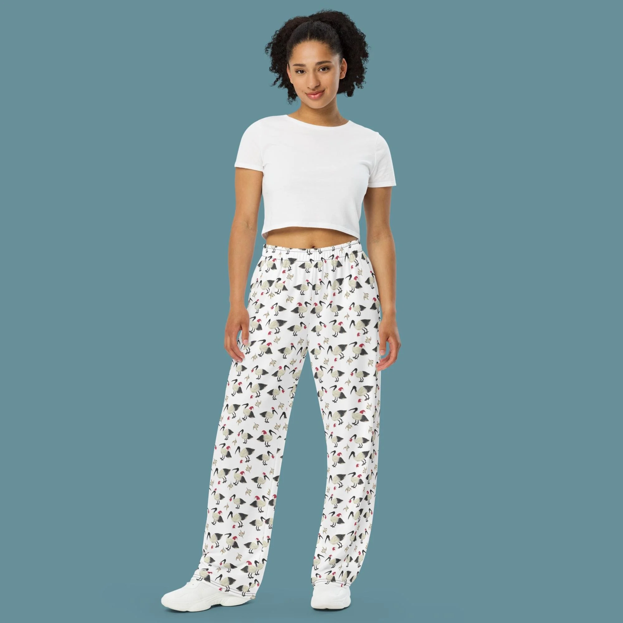 White Christmas Bin Chicken (Ibis) unisex wide-leg pants
