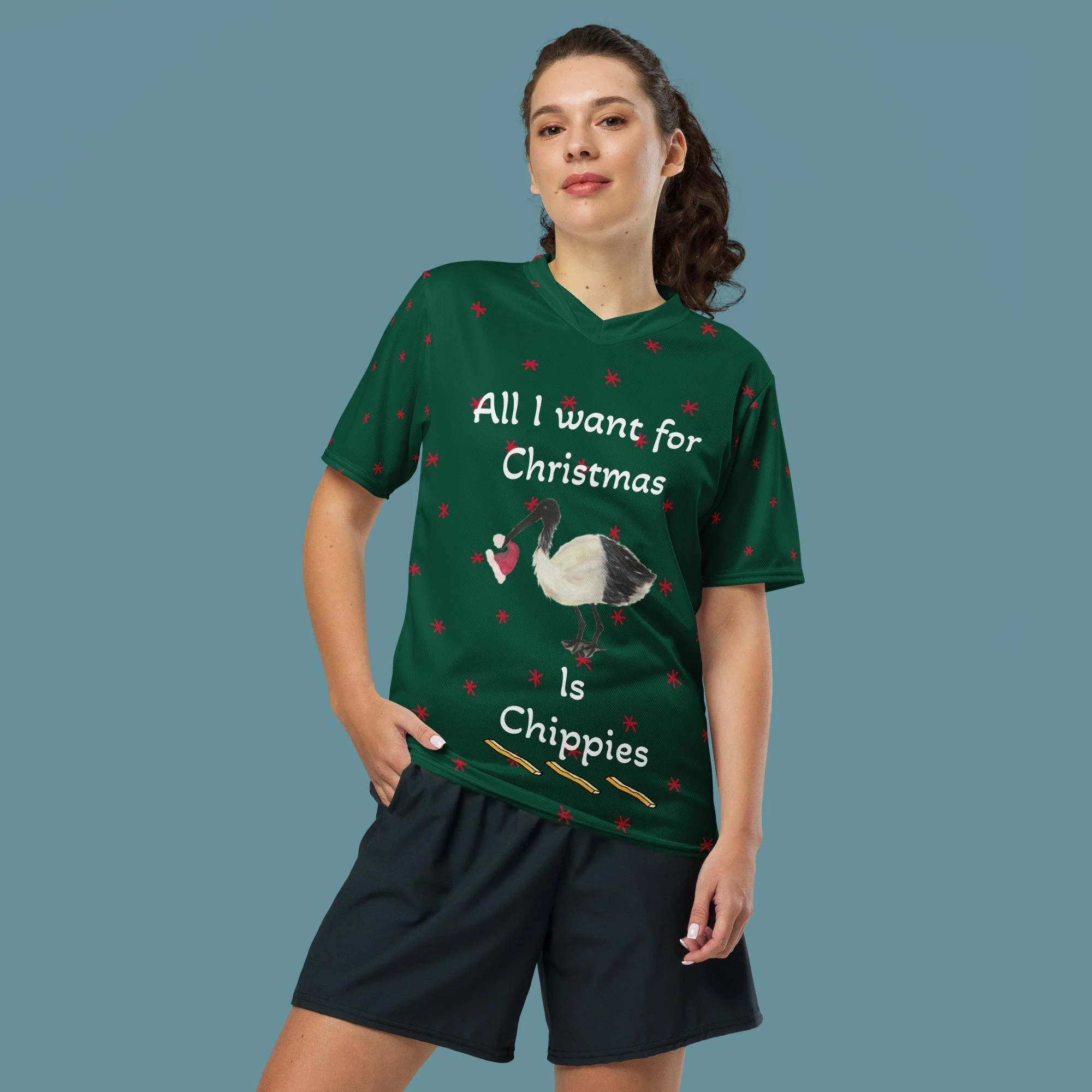 All I want for Christmas is Chippies Bin Chicken (Ibis) Recycled unisex sports jersey