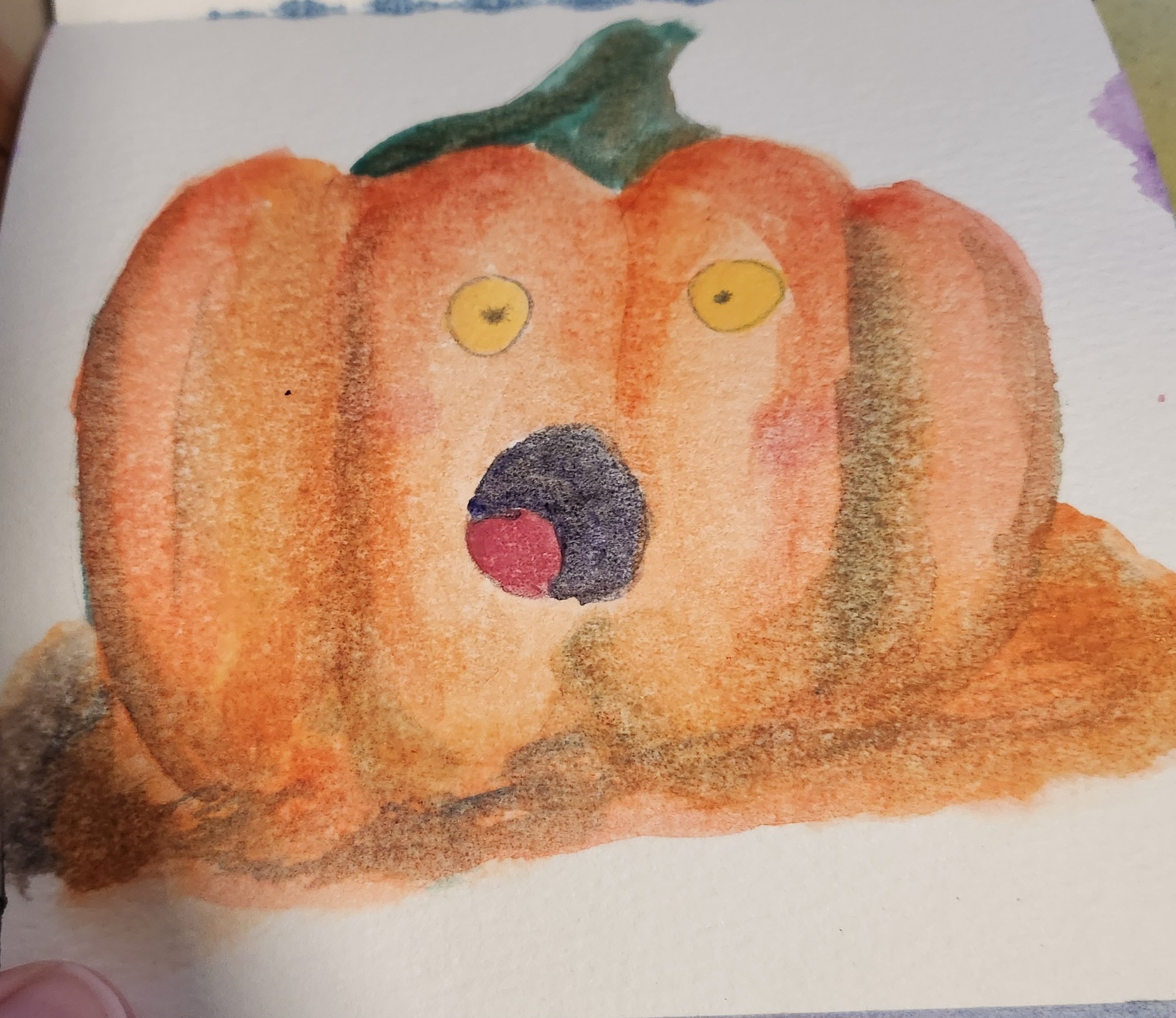 Watercolor painting of an orange pumpkin with a surprised face, featuring wide eyes and an open mouth, against a plain background.