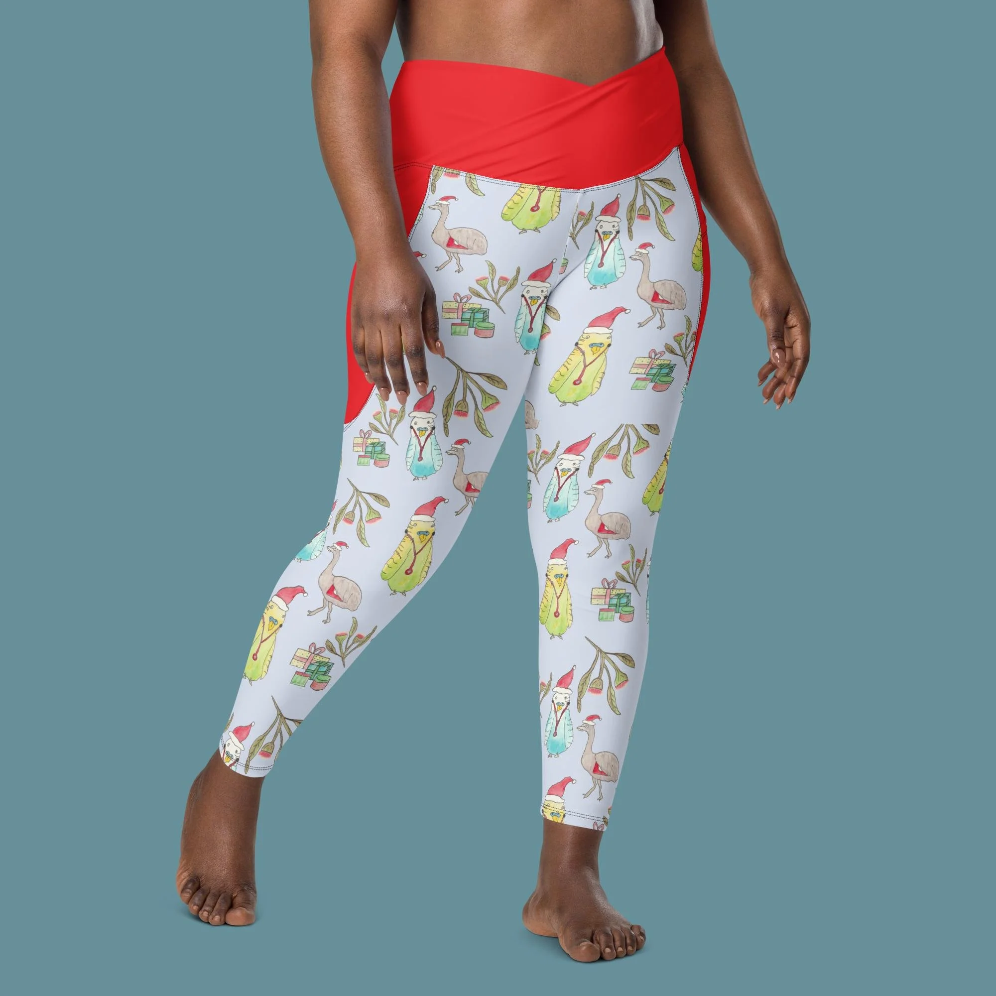 Australian Budgie Christmas Crossover leggings with pockets