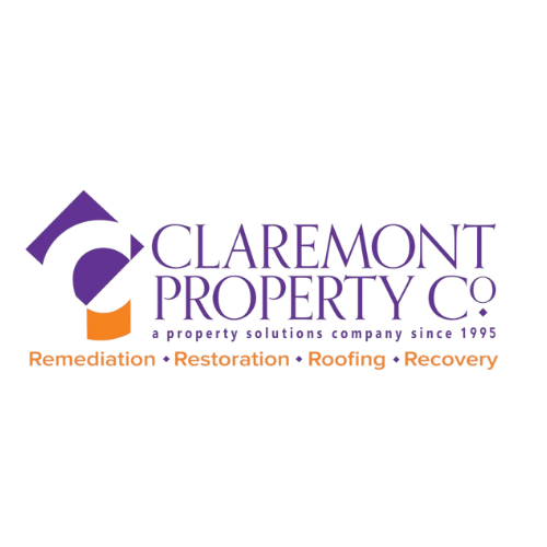 Logo for Claremont Property Co., a property restoration company established in 1988, featuring a purple and orange graphic and text.