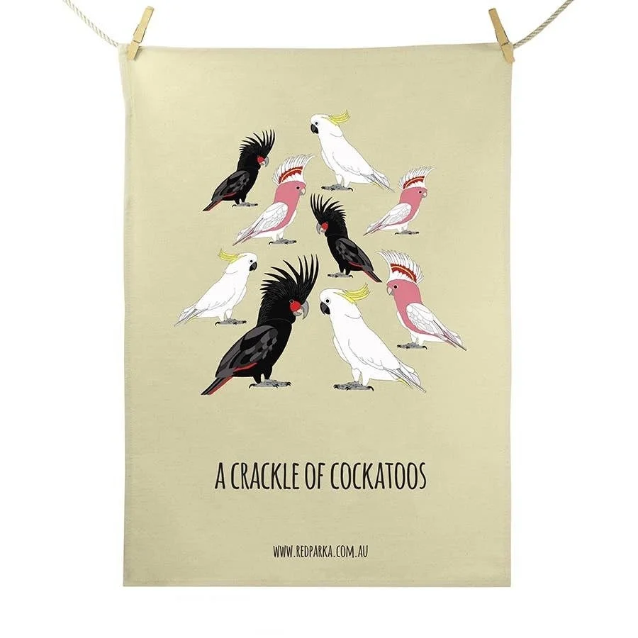 A Crackle of Cockatoos Tea Towel | Red Parka