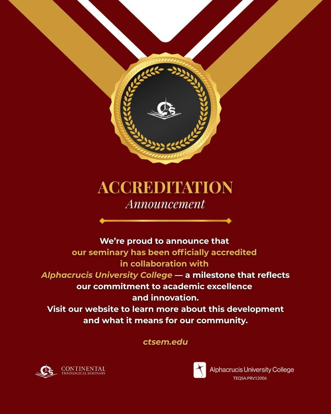 🇬🇧 🎓✨ OFFICIAL ACCREDITATION ✨🎓

🌟We are delighted to announce that Continental Theological Seminary is now officially accredited in collaboration with Alphacrucis University College.

This recognition marks an important milestone in the develop