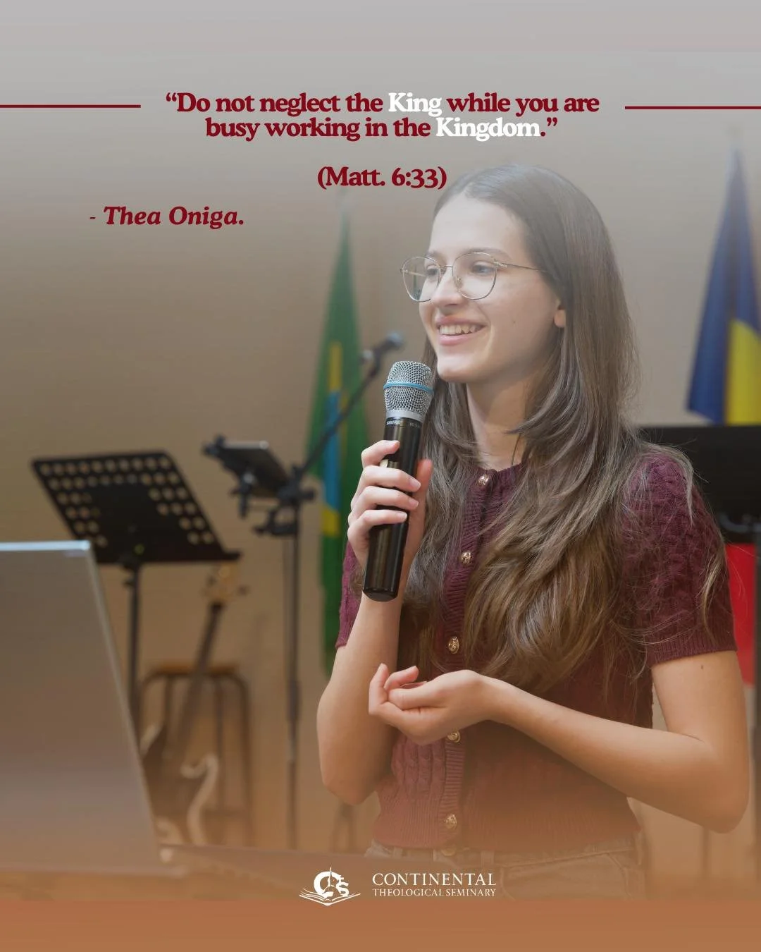 🇬🇧
This week at CTS, it was graduating student Thea Oniga&rsquo;s turn to exhort us.

If there is one sentence we should remember, it is this:

&ldquo;Do not neglect the King while you are busy working in the Kingdom.&rdquo; (Matt. 6:33)

Thea&rsqu