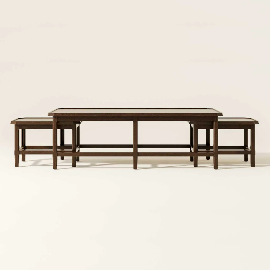 Set of interconnected dark wooden tables arranged in an L-shape on a plain white background.