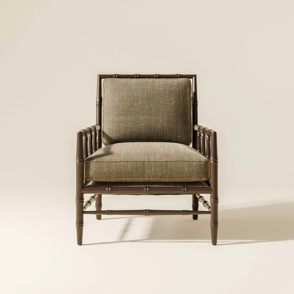 A vintage-style armchair with a wooden frame and khaki-colored cushioned seat and backrest, set against a plain light background.