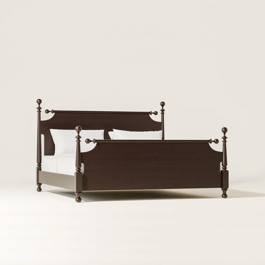 Two dark wood beds with white sheets and pillows, placed against a plain beige background.