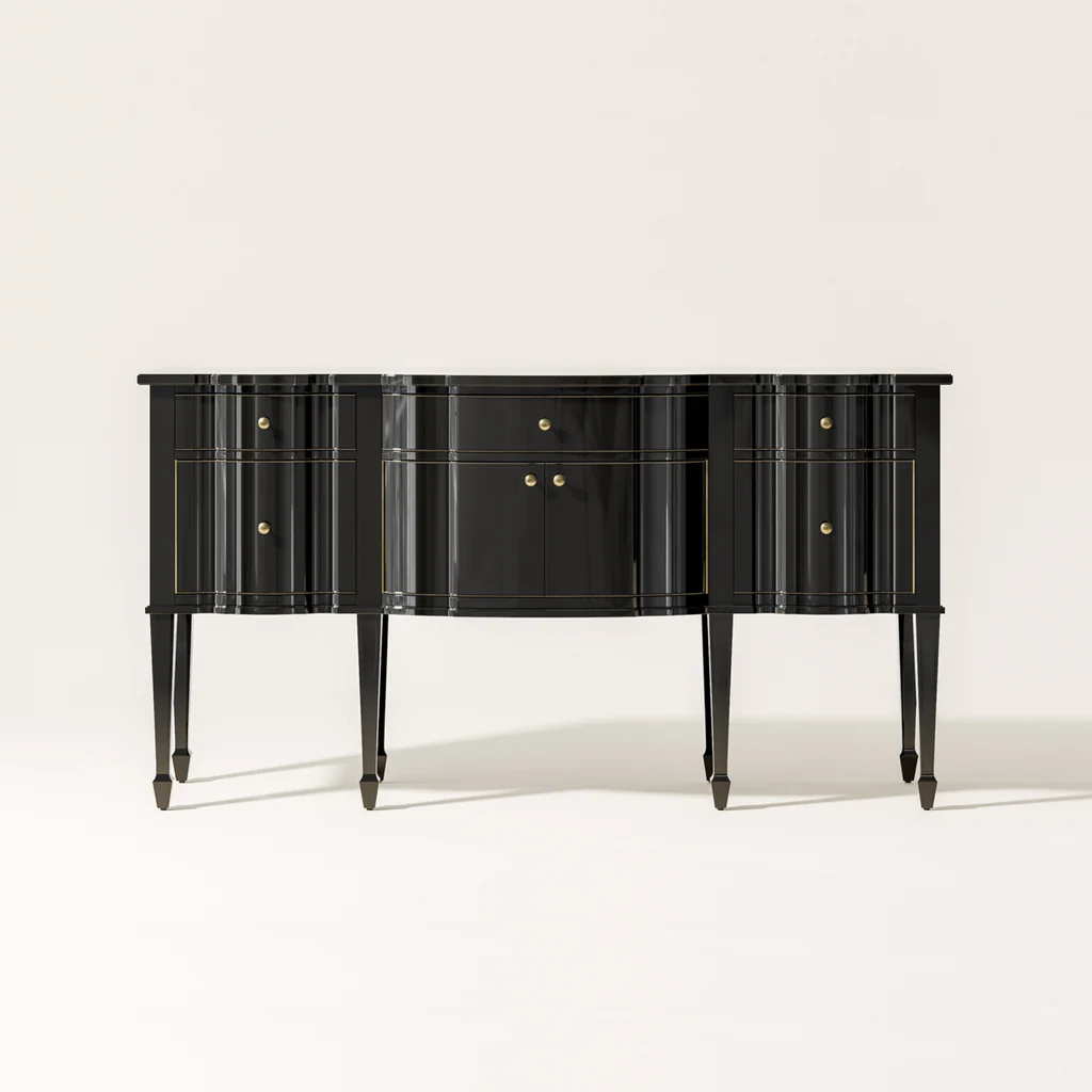 Black vintage sideboard with gold accents, standing on four tapered legs against a plain white background.