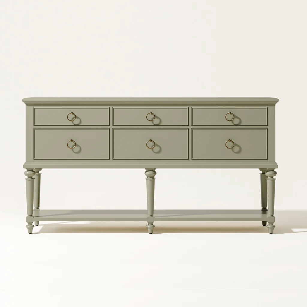 A light green wooden sideboard with six drawers and gold ring pulls, standing on four turned legs against a plain white background.