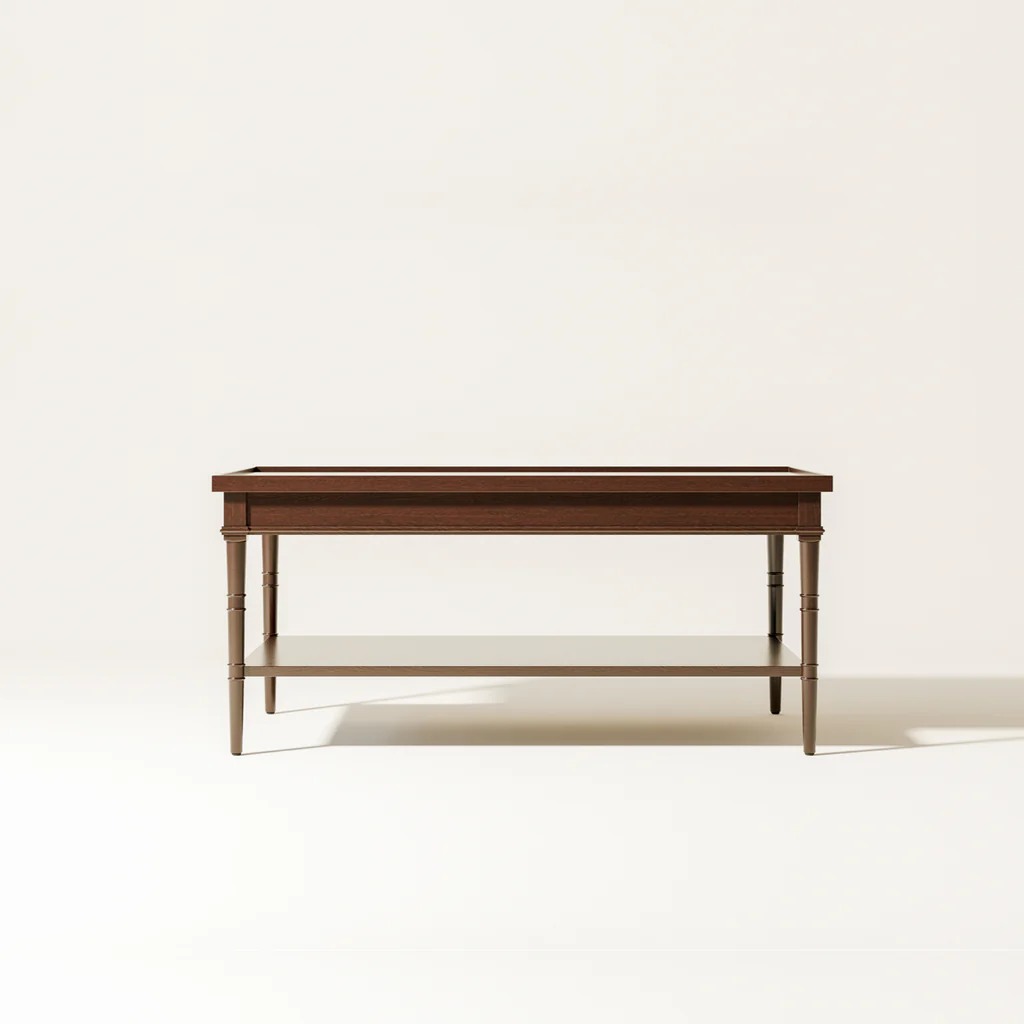 A wooden table with a lower shelf against a plain light background.