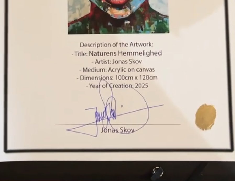 Signed certificate of authenticity for the Orginal painting Grasp by Jonas Skov