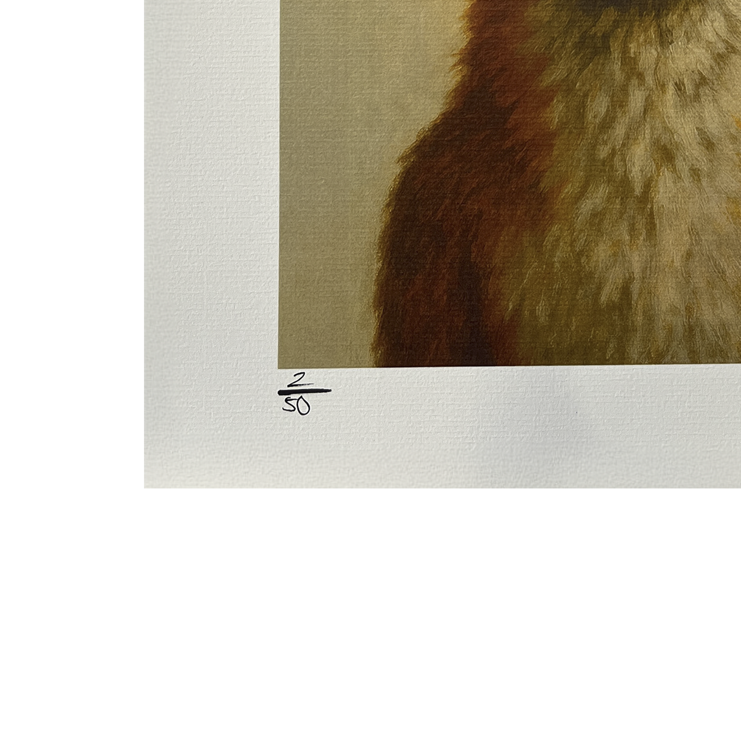 Macro close-up of the edition number in the corner of an art print, highlighting paper texture and print detail, fine wall art from original paintings, premium art prints for collectors and interiors.