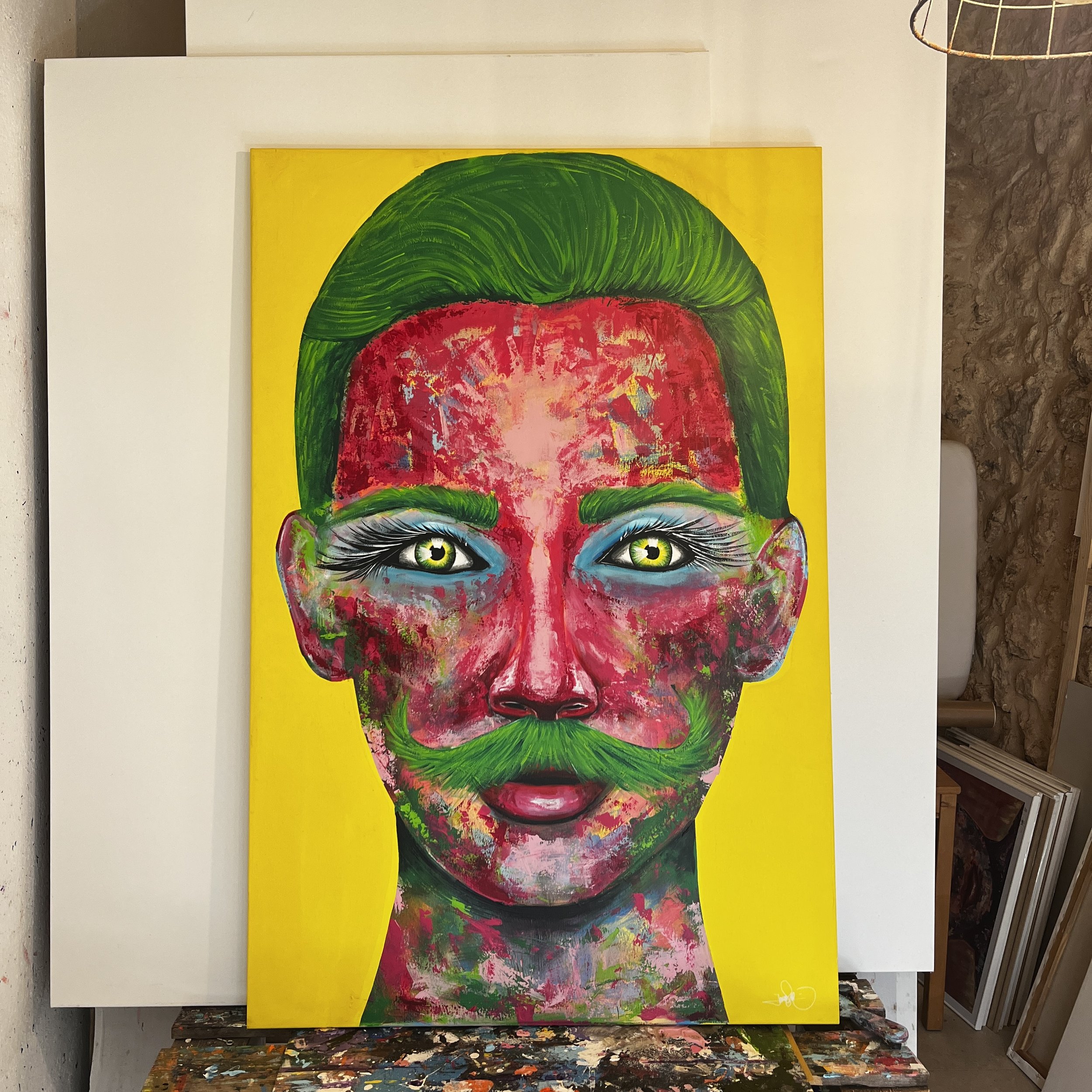 colorful bold gay pride inspired painting by Jonas Skov in his studio in Mallorca