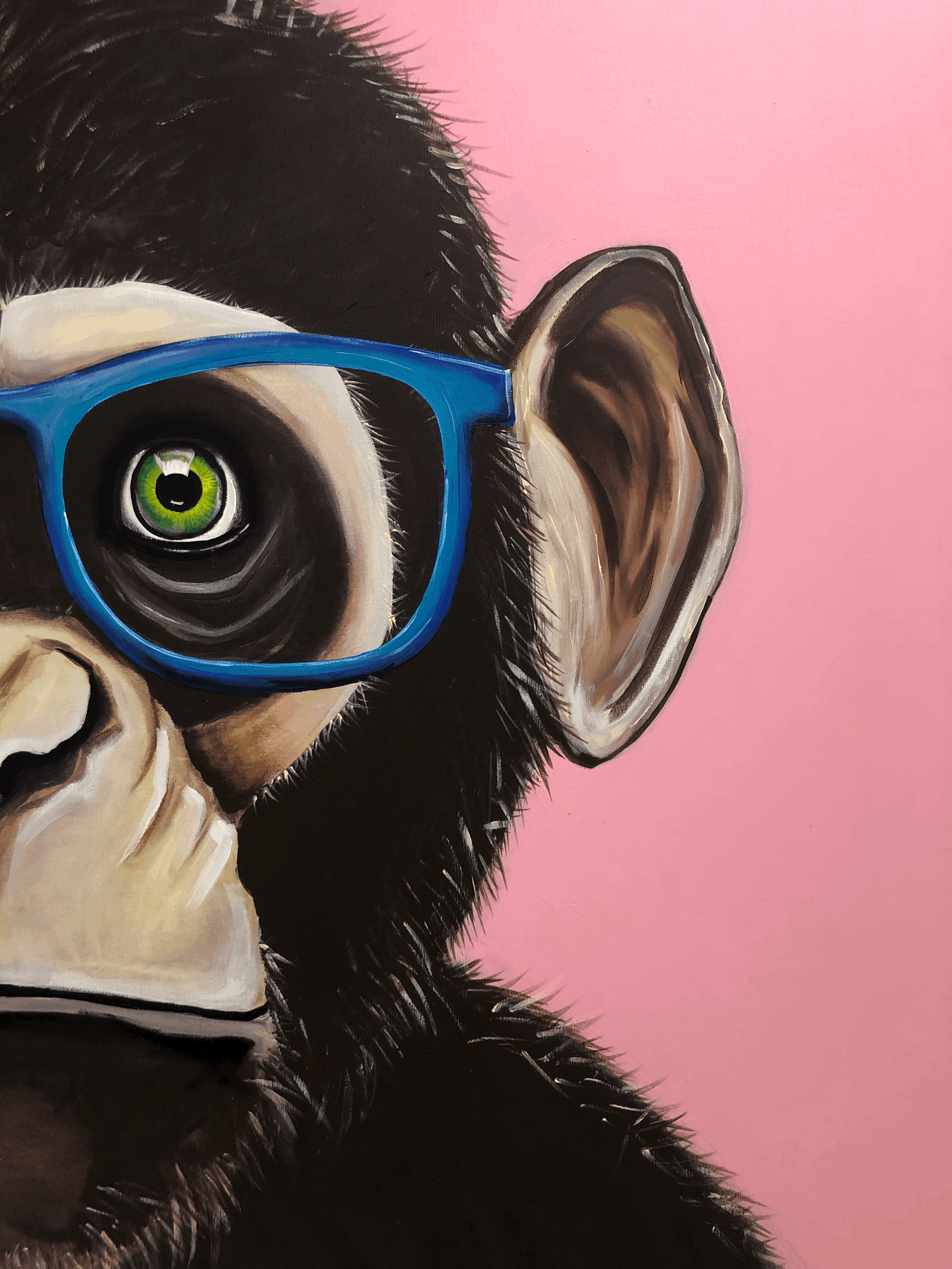 zoom in on monkey acrylic painting by danish artist Jonas Skov in the exhibition