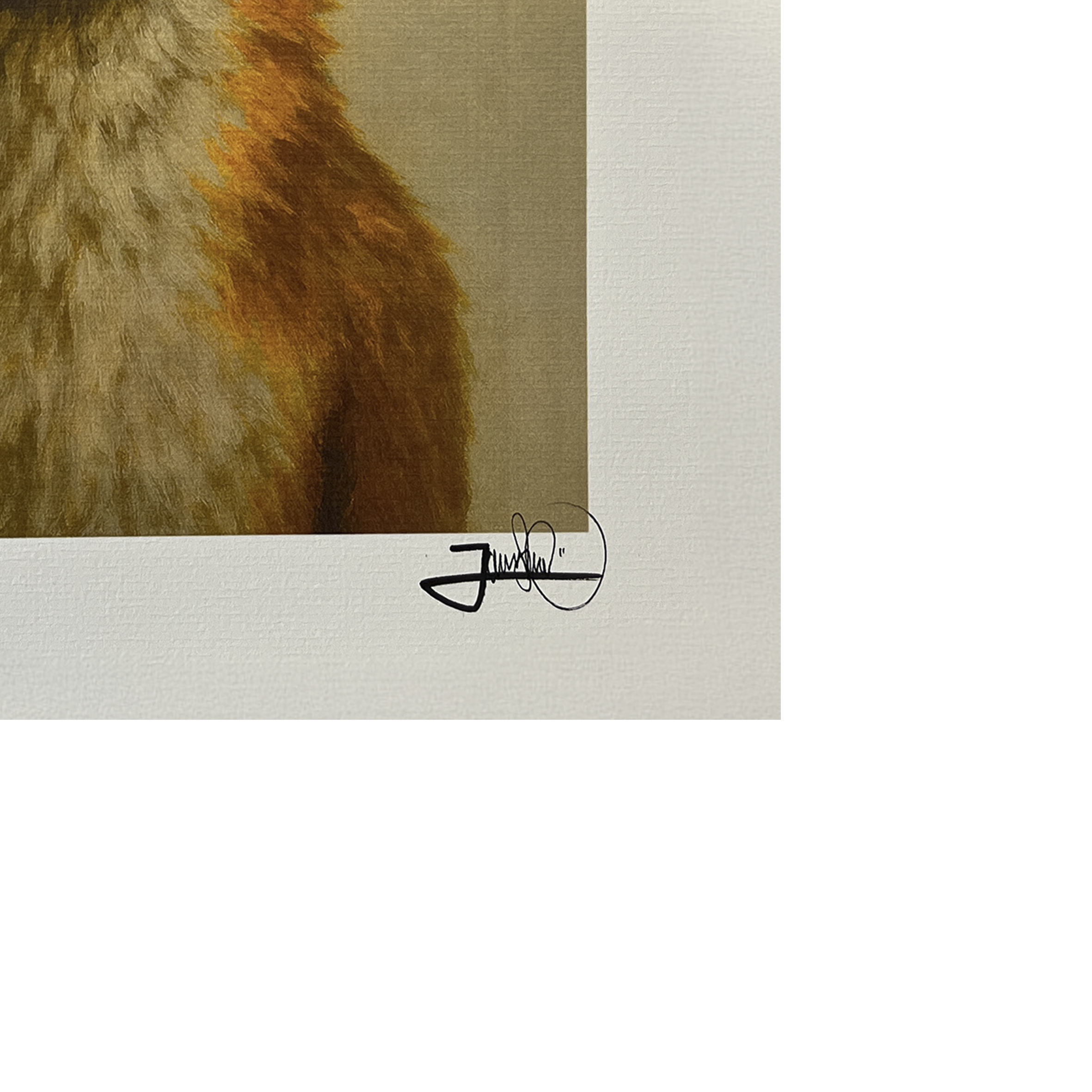 Macro close-up of the artist’s signature on a signed art print ready for shipping, showcasing paper texture and ink detail, fine wall art from original paintings and premium prints for collectors.