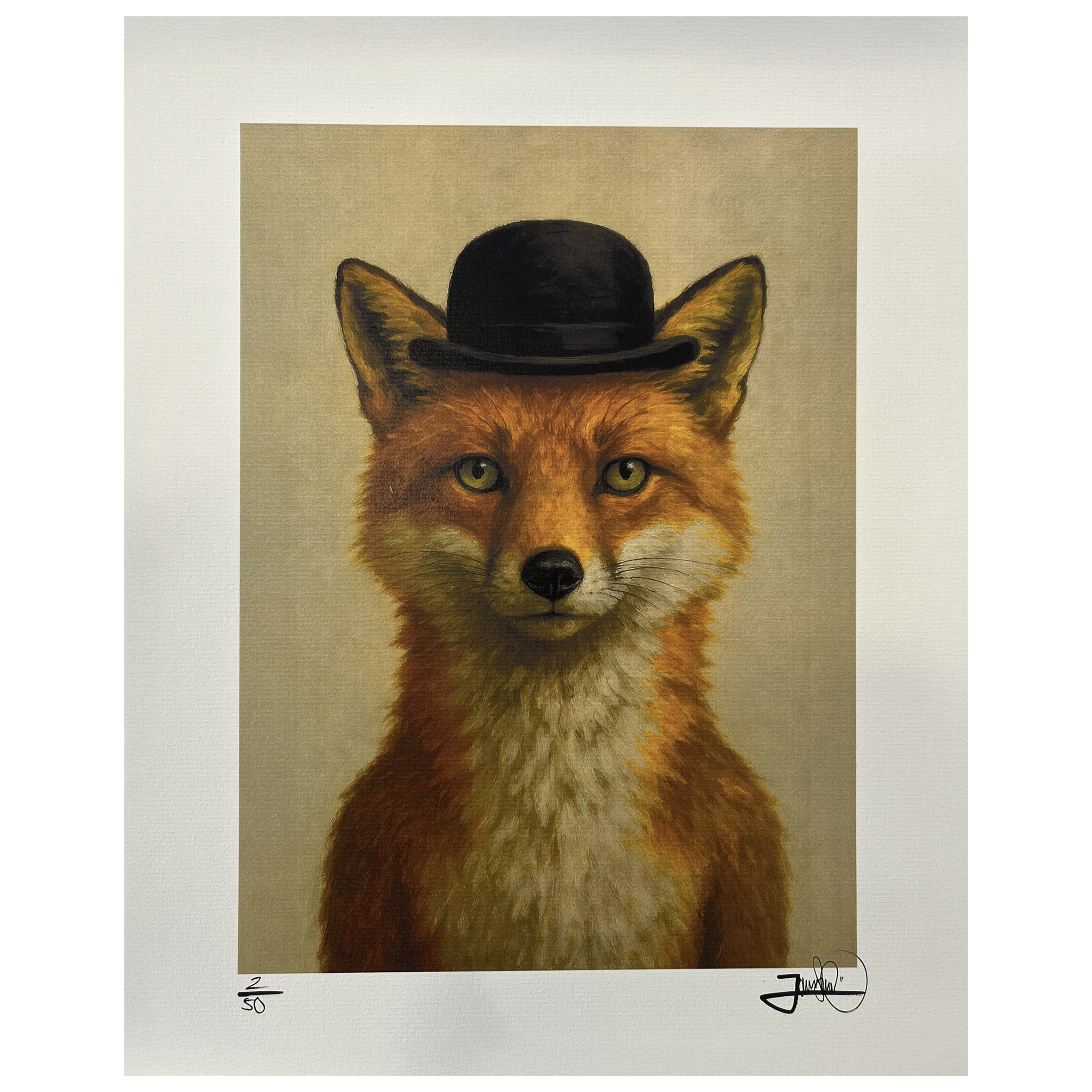 Art print of a fox wearing a hat, modern animal painting with warm tones and fine details, wall art for home decor, original artwork available as paintings and high-quality prints for collectors.