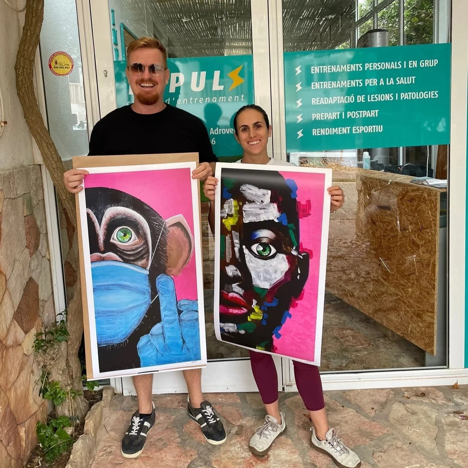 Jonas. and client with “The Great Human” art print, gallery-quality acrylic, limited edition for collectors