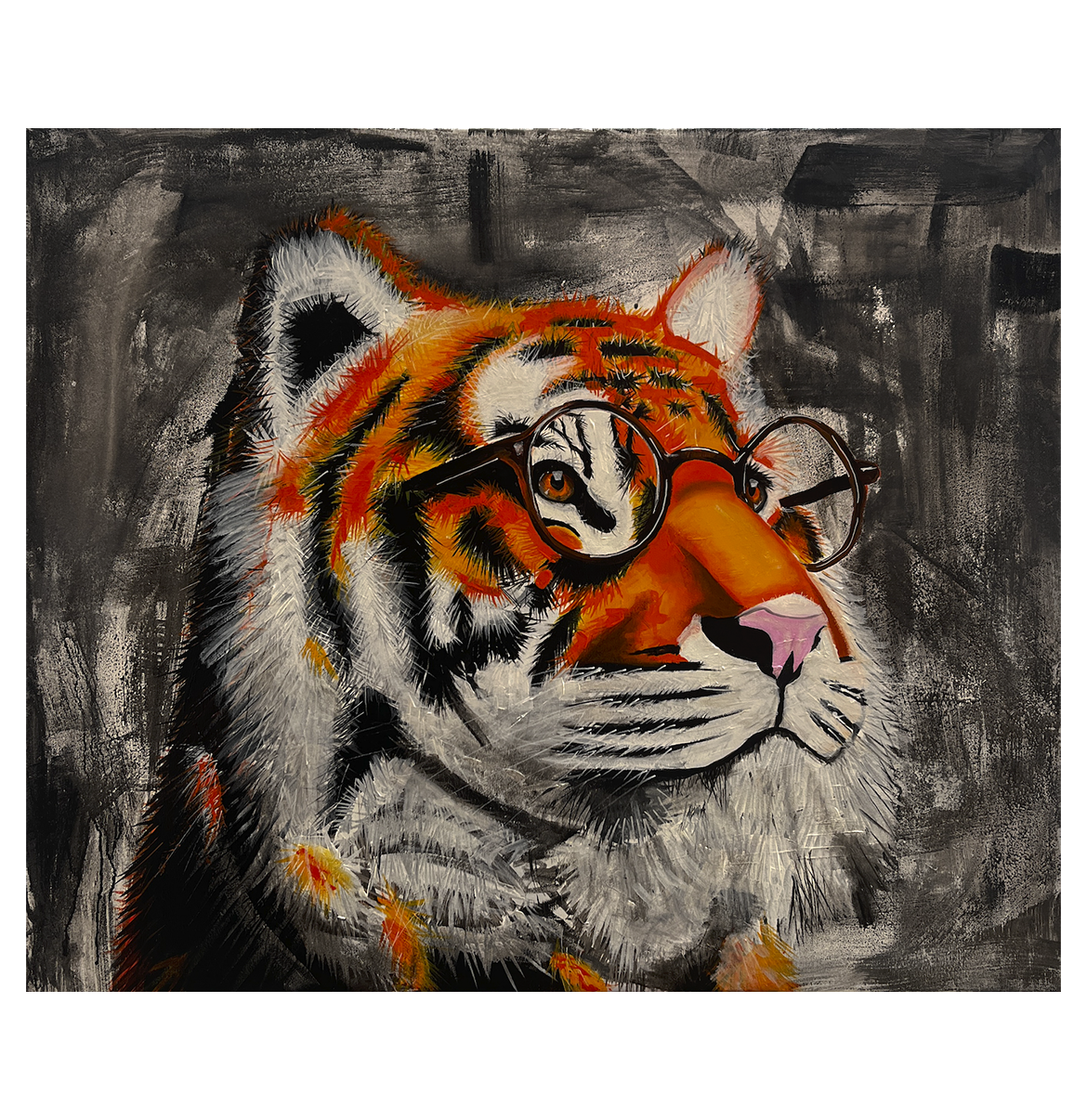 Abstract tiger with glasses, “The Great Catsby” – contemporary acrylic art for collectors, luxury buyers