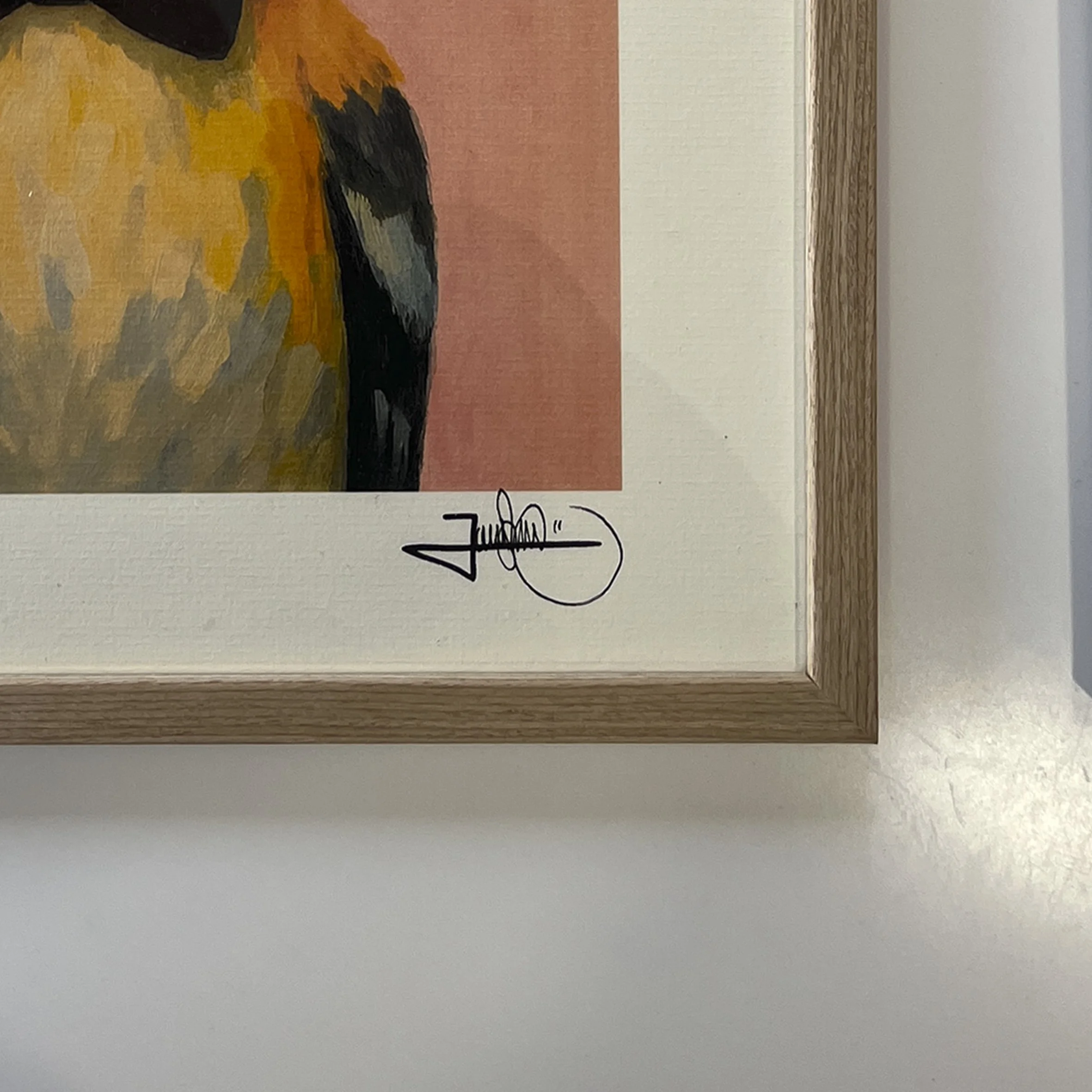 Close-up of a framed art print corner by contemporary artist Jonas Skov, highlighting the signature. Vibrant, expressive limited edition print for collectors and modern decor.