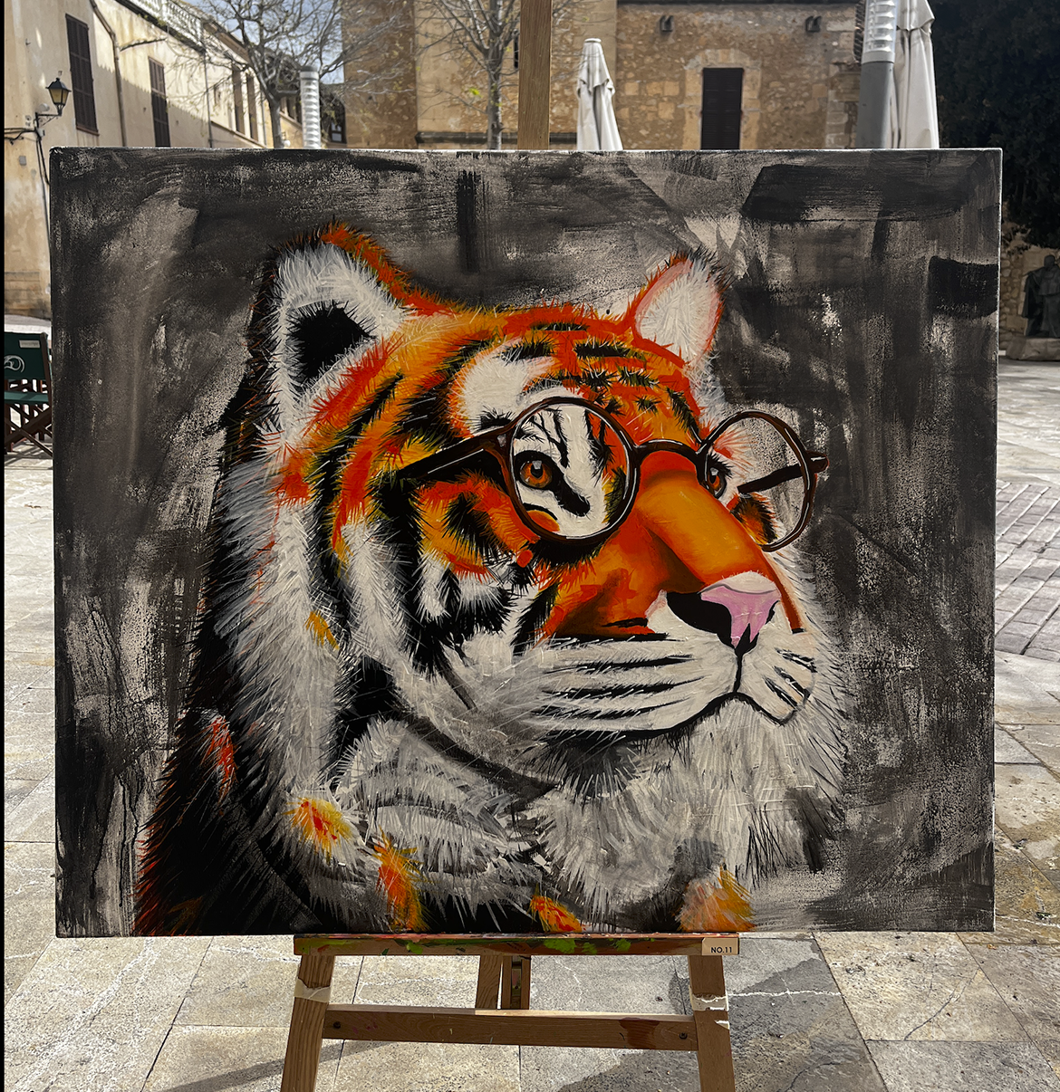 Abstract tiger with glasses, “The Great Catsby” – contemporary acrylic art  in Mallorca