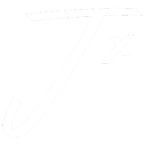 A white signature-style letter 'J x' on a black background.